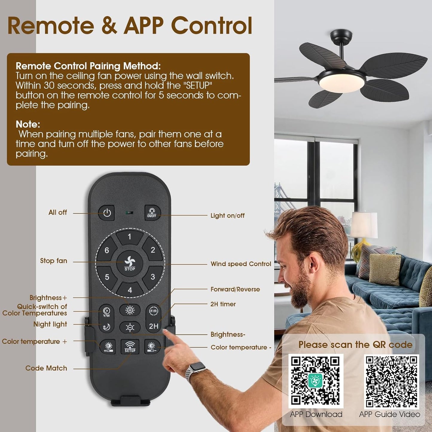 Wiviniya Ceiling Fans with Lights and Remote/APP Control, 44 Inch Tropical Palm Leaf Ceiling Fan with LED Lights, Outdoor Ceiling Fans for Patios Porch, Reversible Quiet Motor, Dimmable, Light Brown