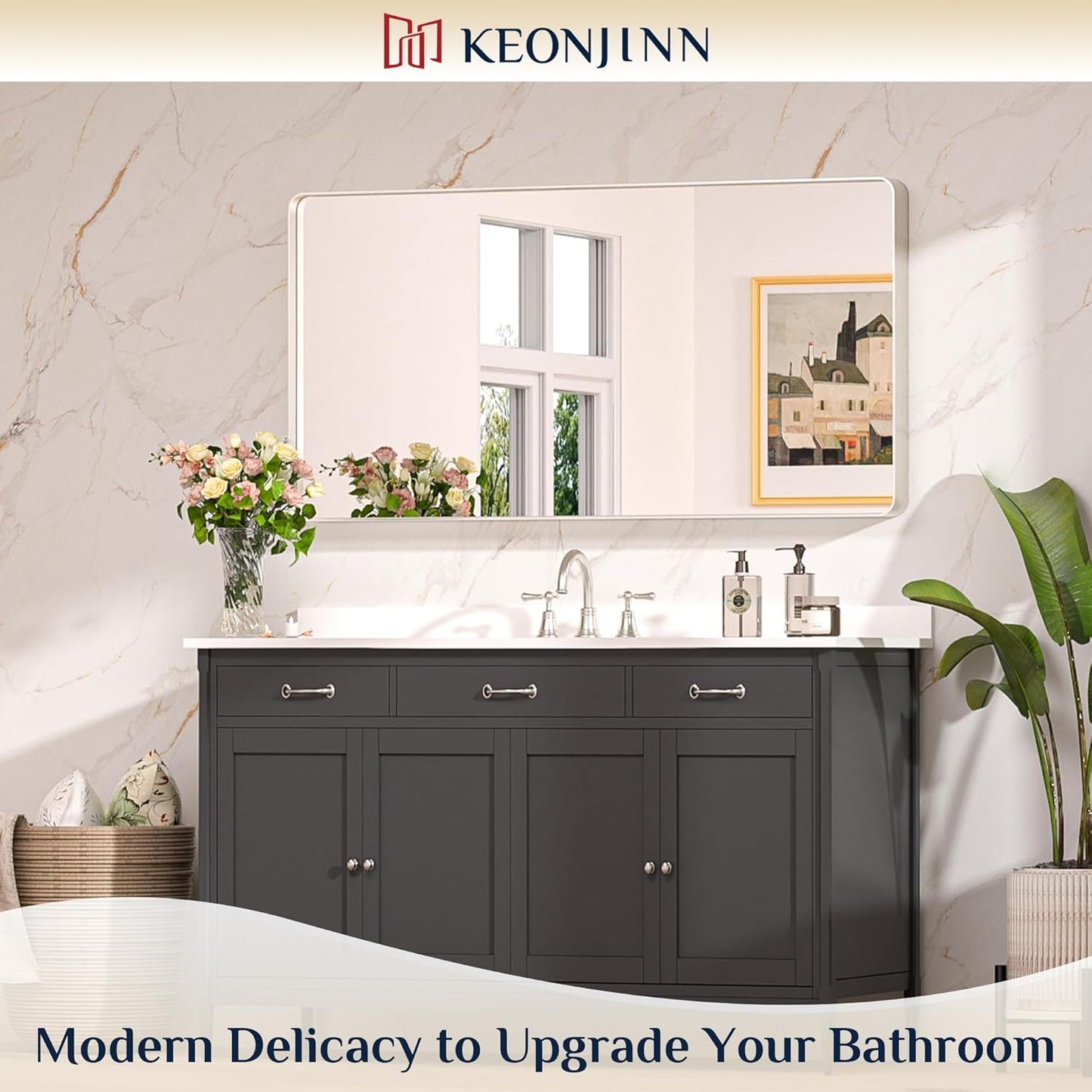 Keonjinn 42 x 36 Brushed Nickel Bathroom Vanity Mirror, Large Rounded Rectangle Bathroom Mirrors for over Sink, Metal Framed Silver Mirror for Wall, Shatterproof HD Tempered Glass(Horizontal/Vertical)