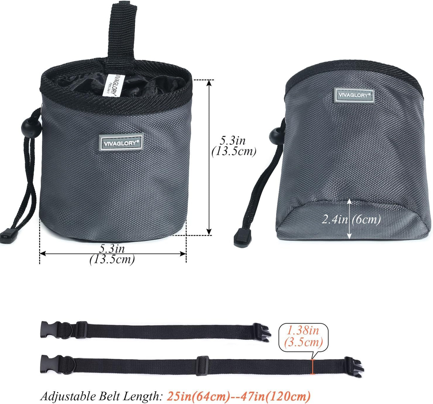 VIVAGLORY Dog Treat Bags, Puppy Pet Dog Training Treats Pouch Hands-Free 2 Ways to Wear with Adjustable Waistband and Built-in Dog Waste Bag Dispenser, Heather Black