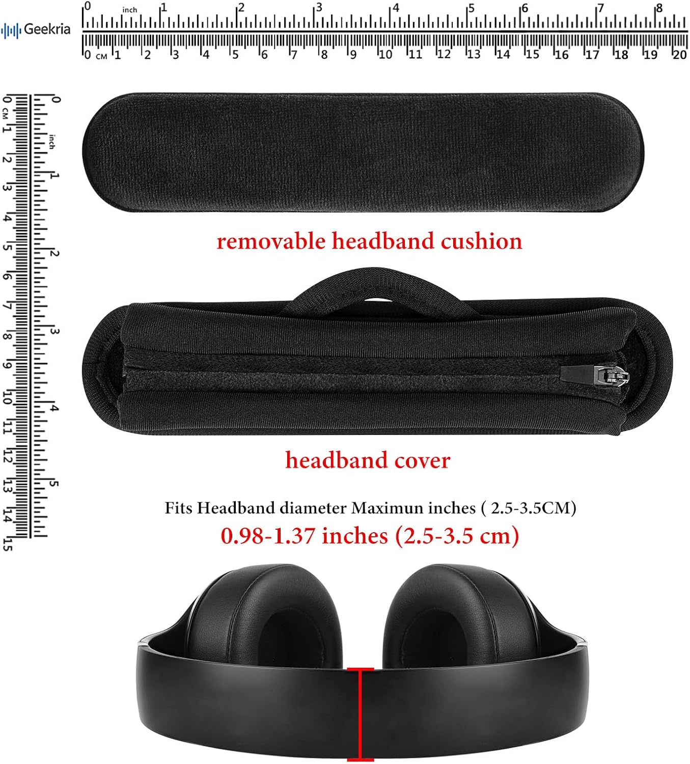 Geekria Hook and Loop Headband Cover + Pad Set, Protector with Zipper Closure Compatible with Medium Sized Headphones, Easy DIY Installation (Protein Leather/Black)