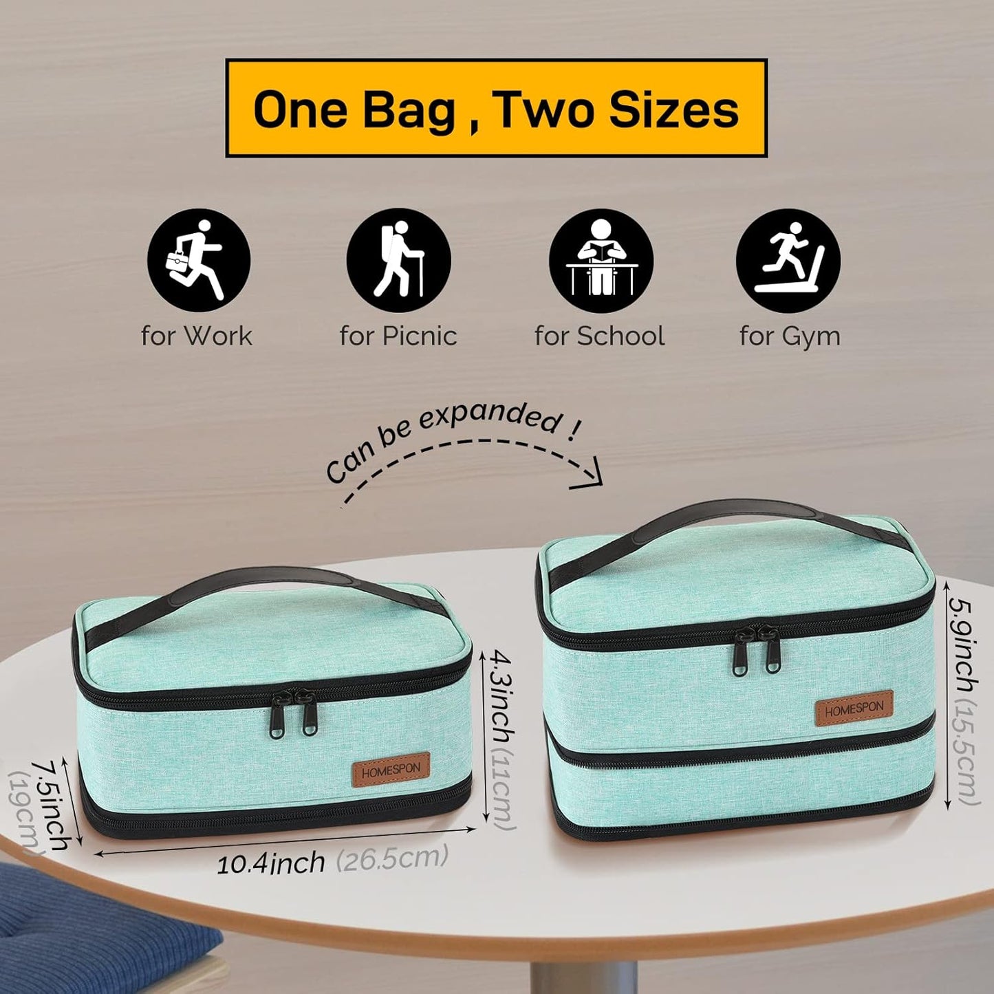 HOMESPON Expandable Lunch Bag for Men Women Insulated Lunch Box Holder with Handle for Picnics Work Travel (Blue)
