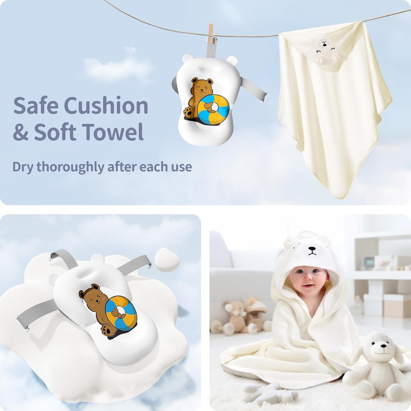 Kerbwry Baby Bathtub for Newborn to Toddler, Baby Bath Tub with Soft Towel and Floating Cushion, Baignoire Pour Bébé, Shower Essentials for Newborn (0-18 Months) Grey