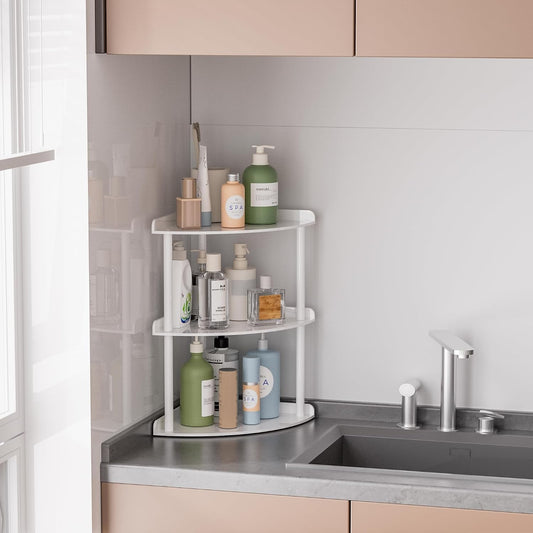 Sezanrpt 3 Tier Acrylic Corner Shelf Organizer Storage 9.5x9.5x15.7 Inch, White Countertop Corner Shelf for Bathroom, Kitchen, Bedroom, Office, Study Room