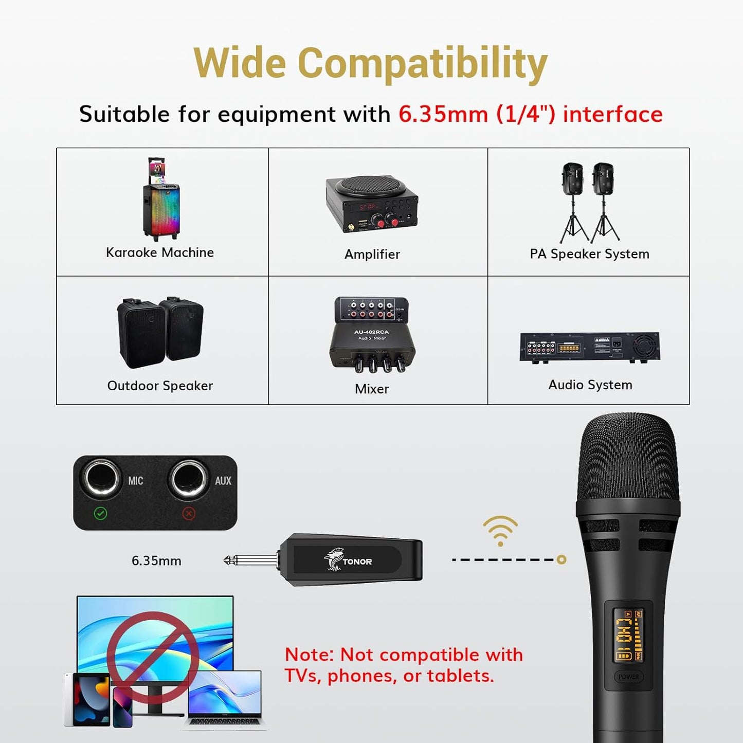 TONOR Wireless Microphones, UHF Dual Karaoke Microphone System, Microfonos Inalambricos with Rechargeable Receiver, Cordless Dynamic Mic for Singing, Wedding, DJ, Party, Speech TW320 Grey