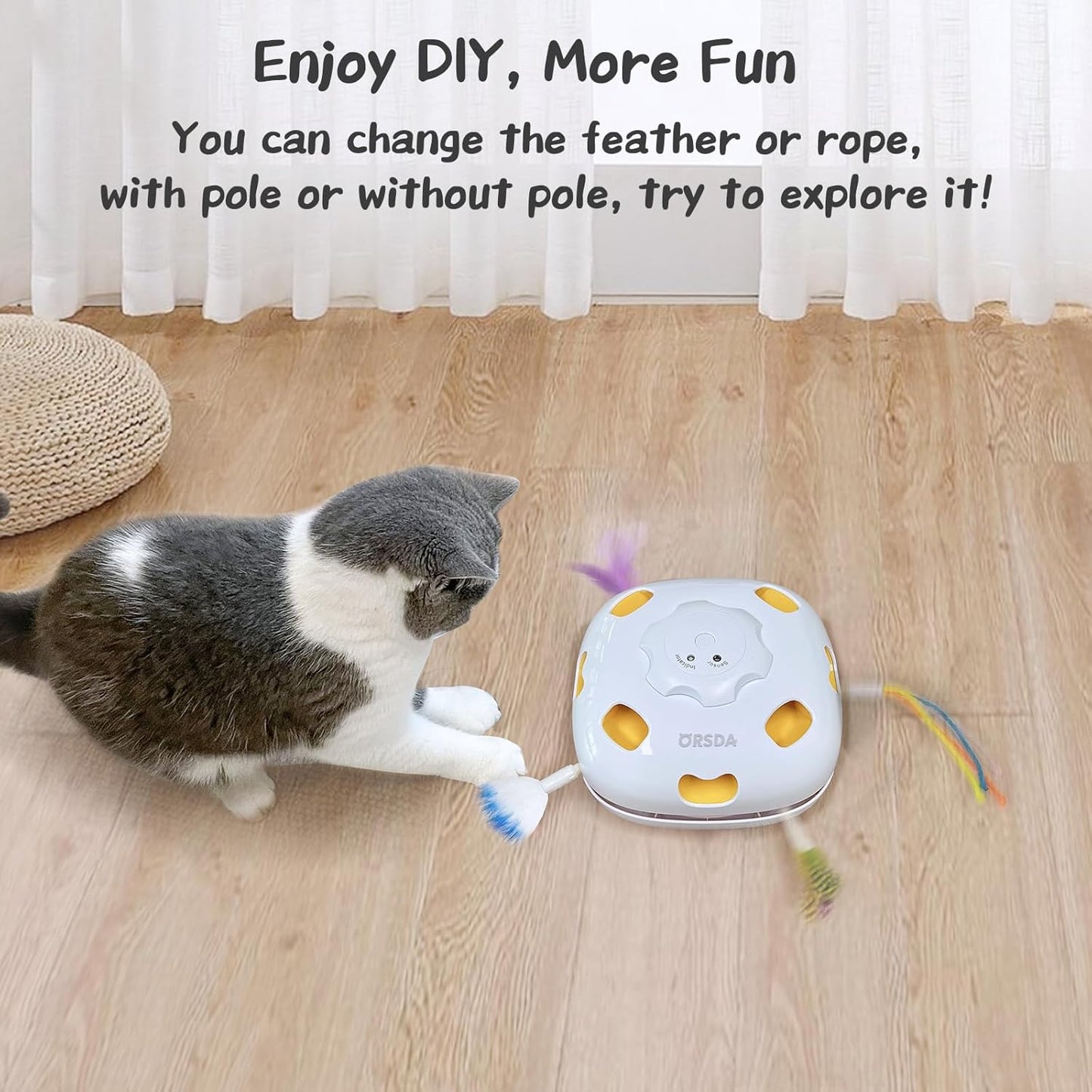 ORSDA Cat Toys Interactive, 4 in 1 Automatic Cat Toy, Hide and Seek, Whack a Mole, Magic Wand, Chasing Feather, with 4 Replacements, USB Rechargeable, for All Breed Sizes