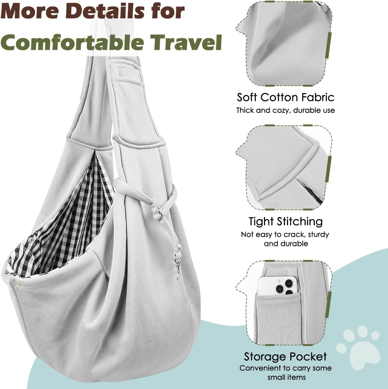 Pawaboo Small Dog Sling Carrier, Reversible Hands Free Dog Sling Carrier for Small Dogs and Cats, Puppy Sling Carrier with Adjustable Strap Buckle & Safety Harness, Puppy Essentials, Grey