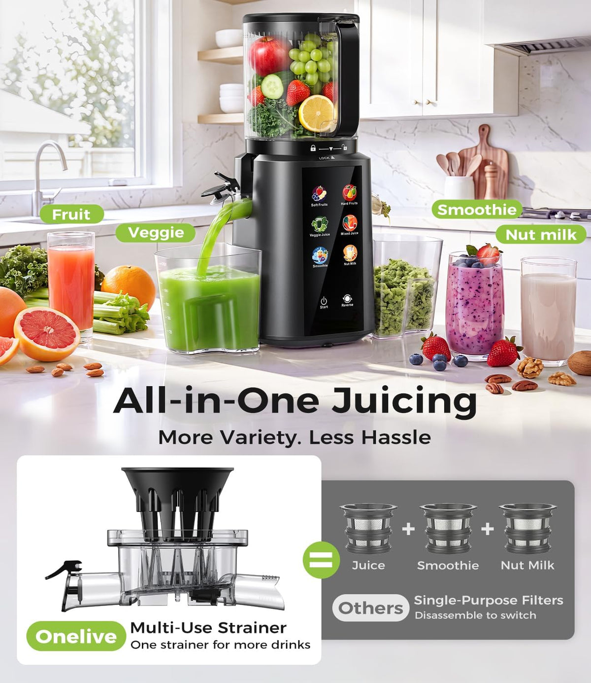 ONELIVE Cold Press Juicer Machine, 6.5" Wide Chute, 3L, Easy to Clean Smart Presets for Fruits, Veggies, Sorbet & Nut Milk, All-in-One Strainer, More Juice, Drier Pulp, Easier Use and Cleanup
