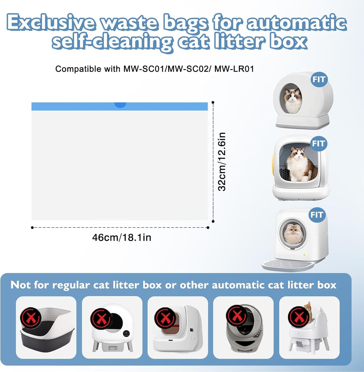 Joddguu 100 Count Self-Cleaning Cat Litter Box Liners Compatible With MW-SC01/MW-SC02/MW-LR01 Automatic Cat Litter Box, Drawstring Heavy Duty Kitty Litter Bags Replacement Trash Bag -18" x 12.6"