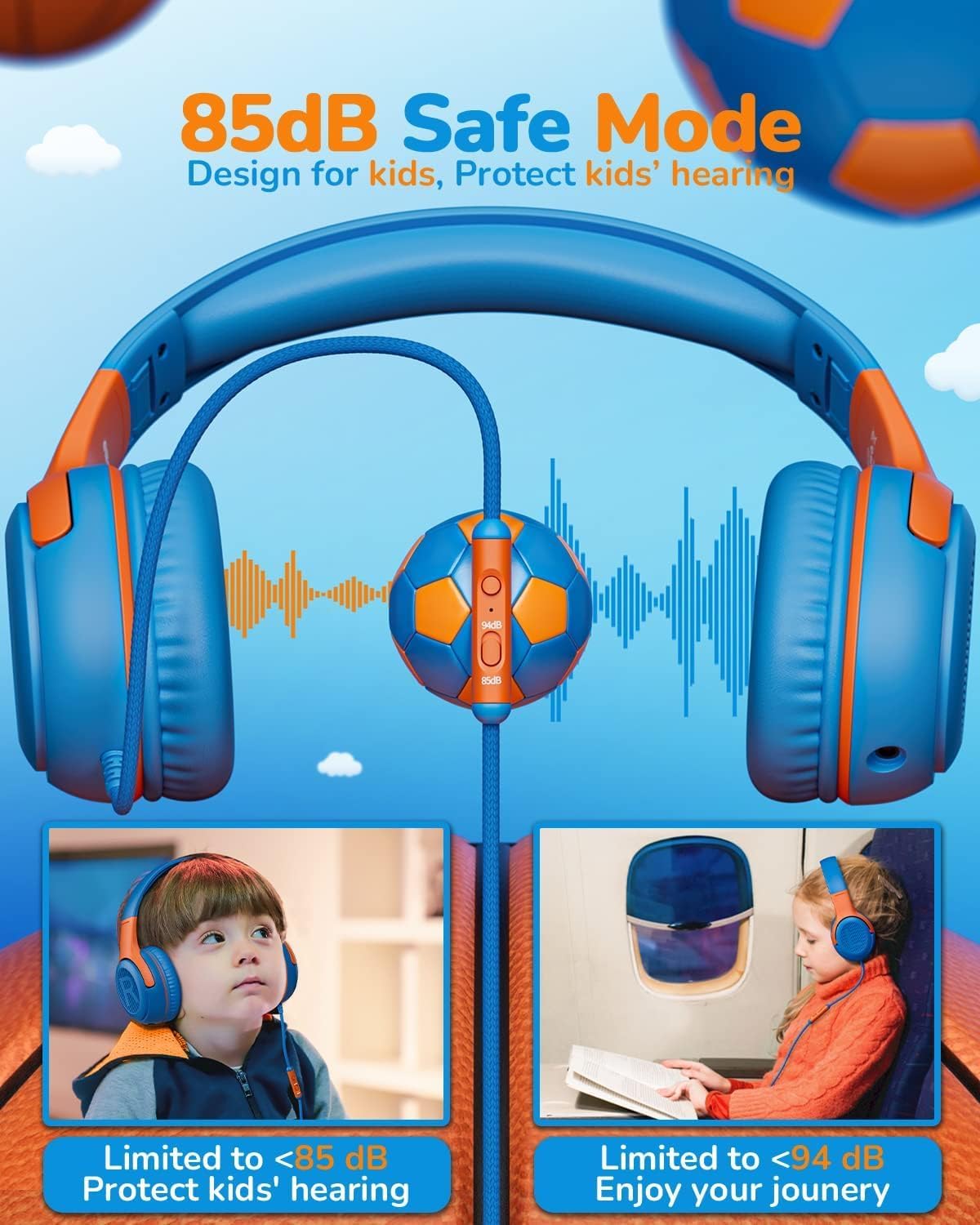 awatrue Kids Headphones with Microphone, Wired Headphones for Kids 85/94dB Safe Volume Limit, Over Ear Headsets, Boys Girls Childrens Headphones for School/Travel/Fire Tablet/BlueOrange
