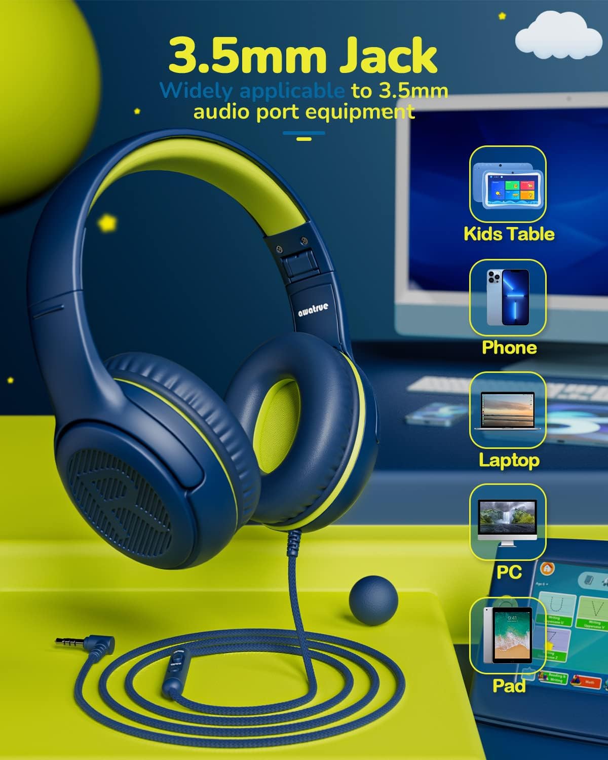 awatrue Kids Headphones with Microphone, Wired Headphones for Kids 85/94dB Safe Volume Limit, Over Ear Headsets, Boys Girls Childrens Headphones for School/Travel/Fire Tablet/BlueOrange