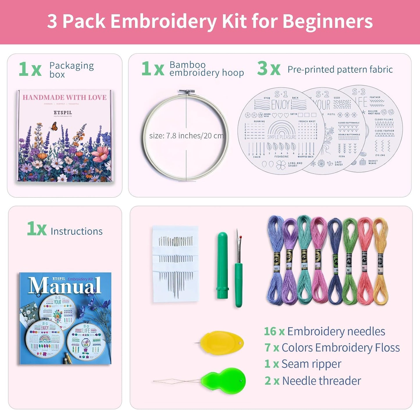 Purilite Select 3 Pack Beginner Embroidery Kits