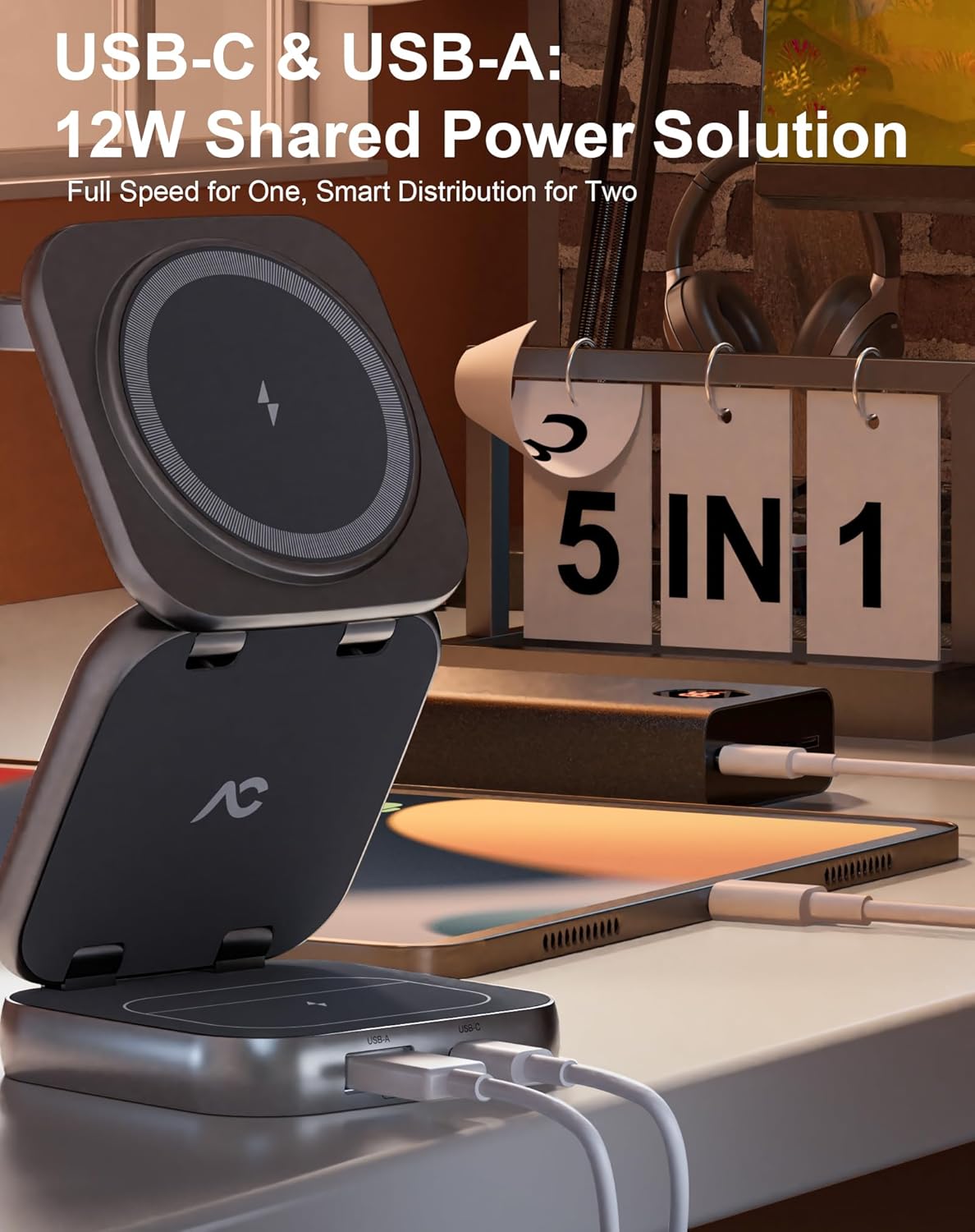 5-in-1 Wireless Charger for Magsafe, AC ISLAND Aluminum Travel Charging Station for Apple, 15W Snap Magnetic Multi Charging Stand Dock for iPhone 16/15/14/13 Apple Watch AirPods (with 35W GaN Adapter)