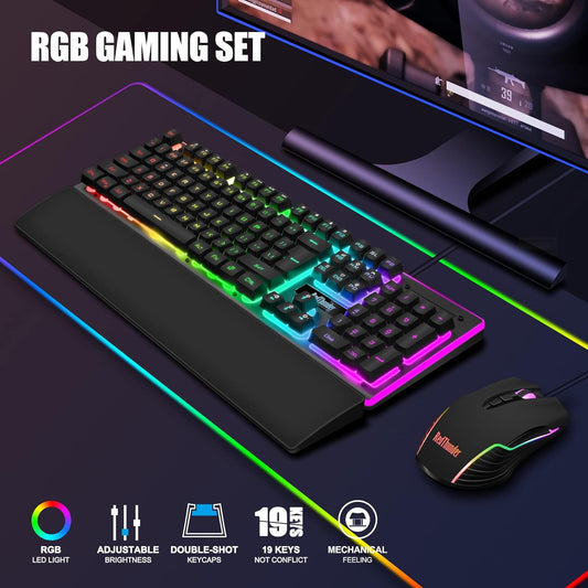 RedThunder K10 Wired Gaming Keyboard and Mouse and Wrist Rest Combo, RGB Backlit, Mechanical Feel Anti-ghosting Keyboard + 7D 7200 DPI Mice+Soft Leather Wrist Rest 3 in 1 PC Gamer Accessories(Black) - PuriLite