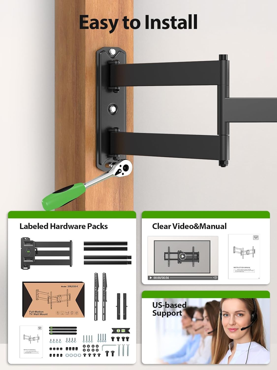 USX MOUNT Full Motion Long Arm TV Wall Mount for Most 37-80 Inch TVs up to 100 Lbs, Smooth Motion Swivel and Tilt TV Bracket, 32.05 Inch Extension, Max VESA 600x400mm, Perfect for Corner, XML930
