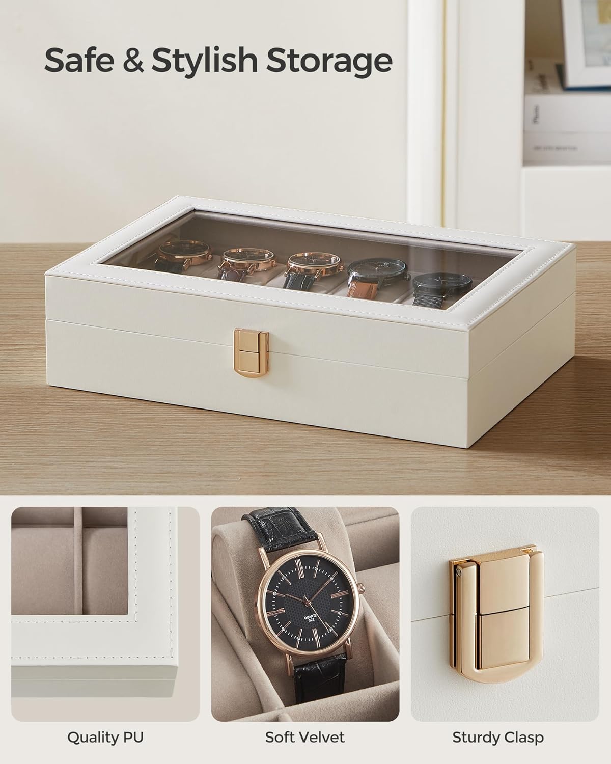 SONGMICS Watch Box, 6-Slot Watch Case, Watch Box Organizer, Black Synthetic Leather, Greenish Gray Lining UJWB06BK