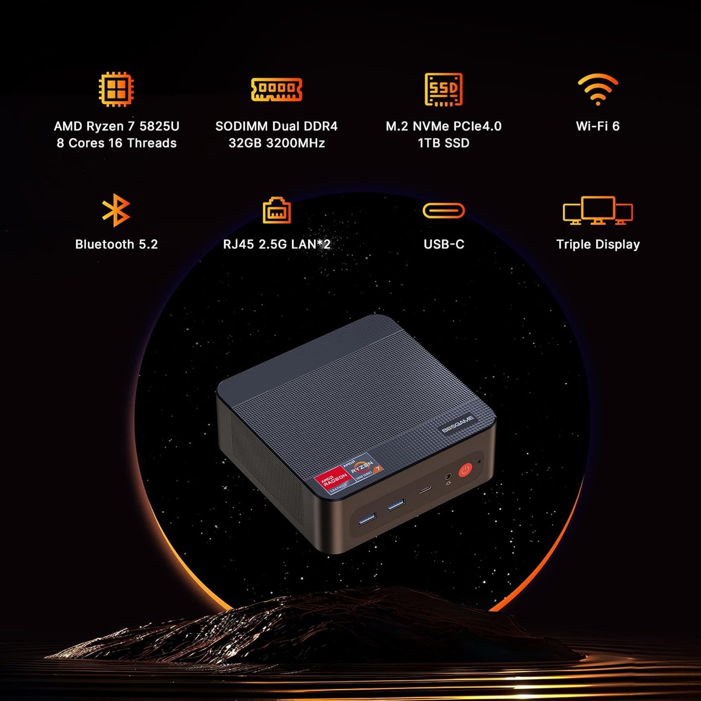 BOSGAME P4 Plus Mini PC Desktop Computers, AMD Ryzen 7 5825U (up to 4.5GHz), 32GB DDR4, 1TB PCIe SSD, Dual LAN 2.5G & Wi-Fi 6E & BT5.2, 4K Triple Display, Compact Silent PC for Gaming, Office, Design