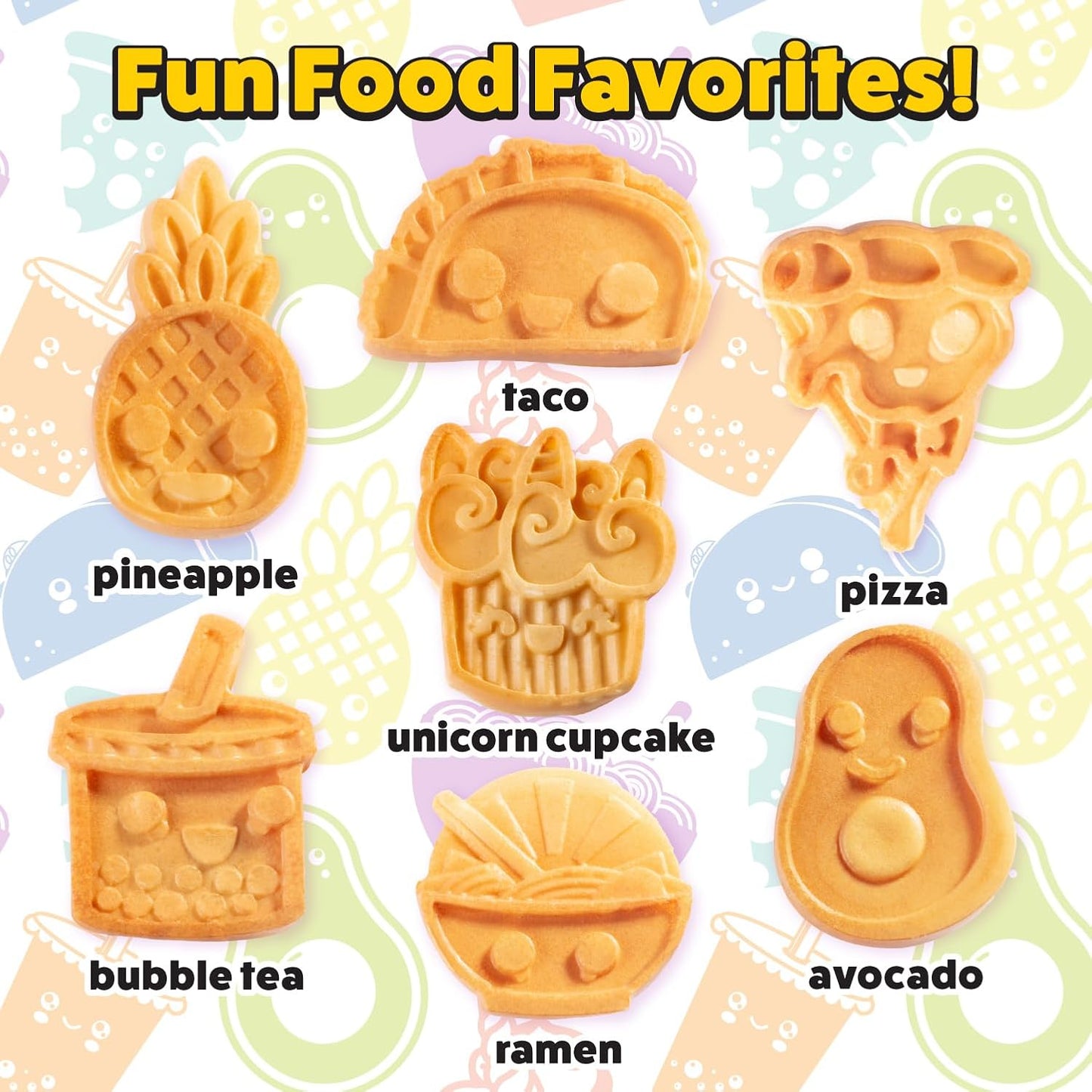 Kawaii Fun Snacks Mini Waffle Maker - 7 Different Food Emoji Designs Featuring an Avocado, Pizza, Ramen, Taco & More - The Cool Electric Waffler Gift for Amazing Kid's Breakfasts and Holiday Gifts
