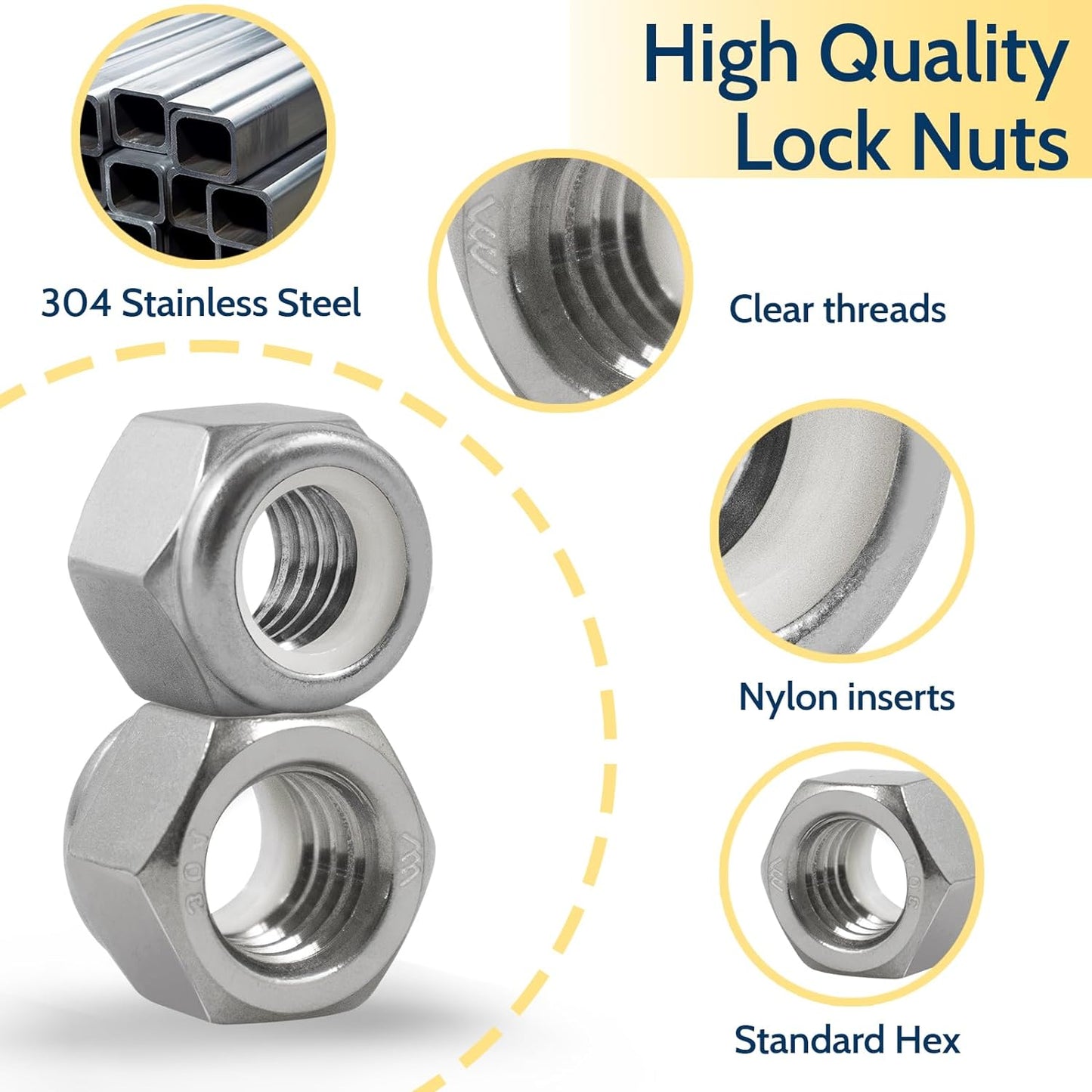Vifmy 110 Pack 1/4"-20 Inch Lock Nuts,304 (A2-70) Stainless Steel Nylon Insert Locknuts,Standard Inch Thread Nylock Nuts for Bolts