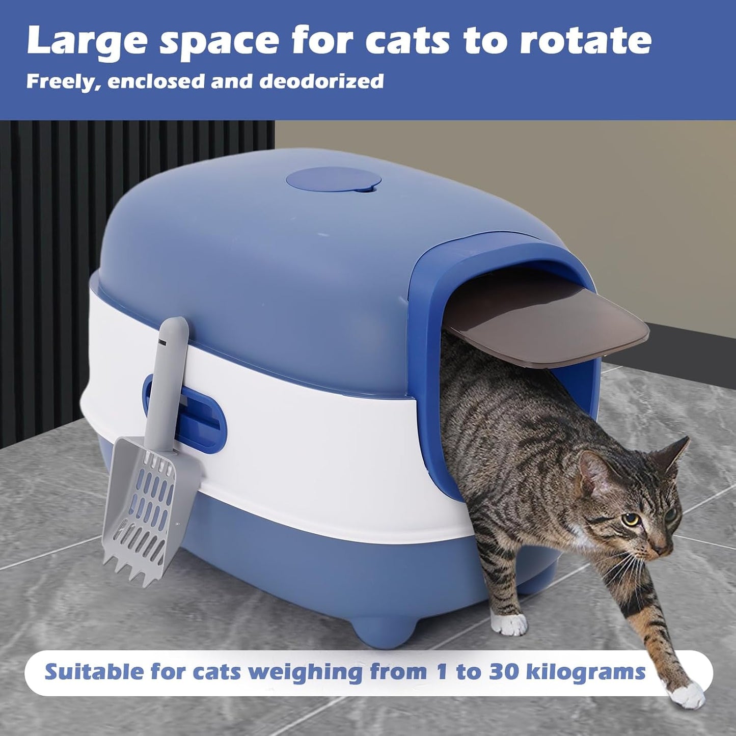 Ultra Large Fully Enclosed Cat Litter Box,Self Cleaning Cat Litter Tray for Cats with Automatic Anti-Sand Cage,Easy to Clean,Deodorize,Splash Proof Litter Box with Lid,55x38x36cm (Blue)