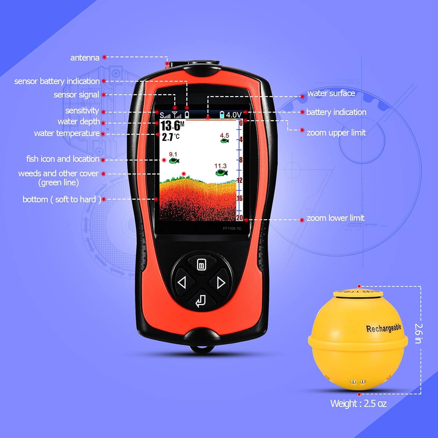 Atibin Portable Sonar Fish Finder Water Sensor Transducer Depth Finder Kayak Wireless Handheld Fish Finders Canoe Fishing