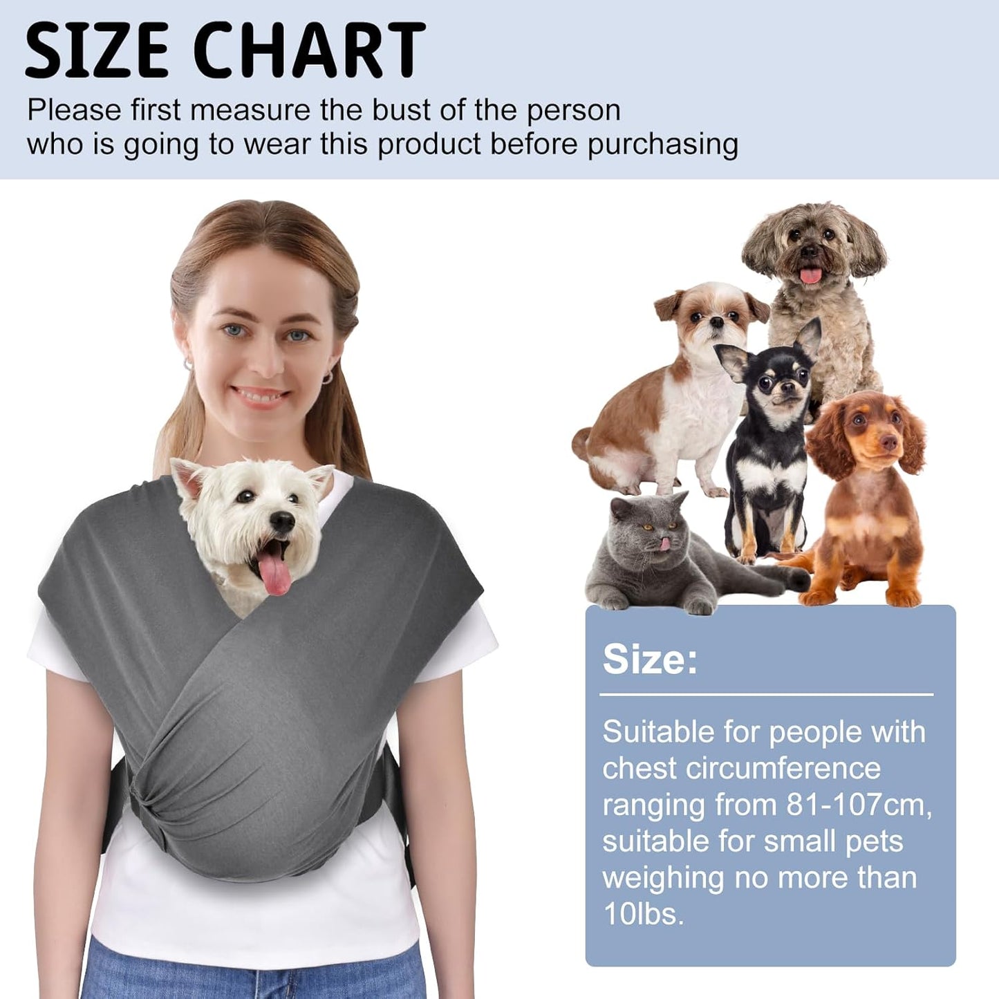 CUBY Swaddle Dog Sling Carrier for Small Dogs, Front Pet Sling Carrie Chest, Hands Free Adjustable Cat Slings Carrier Soft Cotton Reducing Pain Puppy SlingCarrier for Small Pets Up to 11lb (Grey)