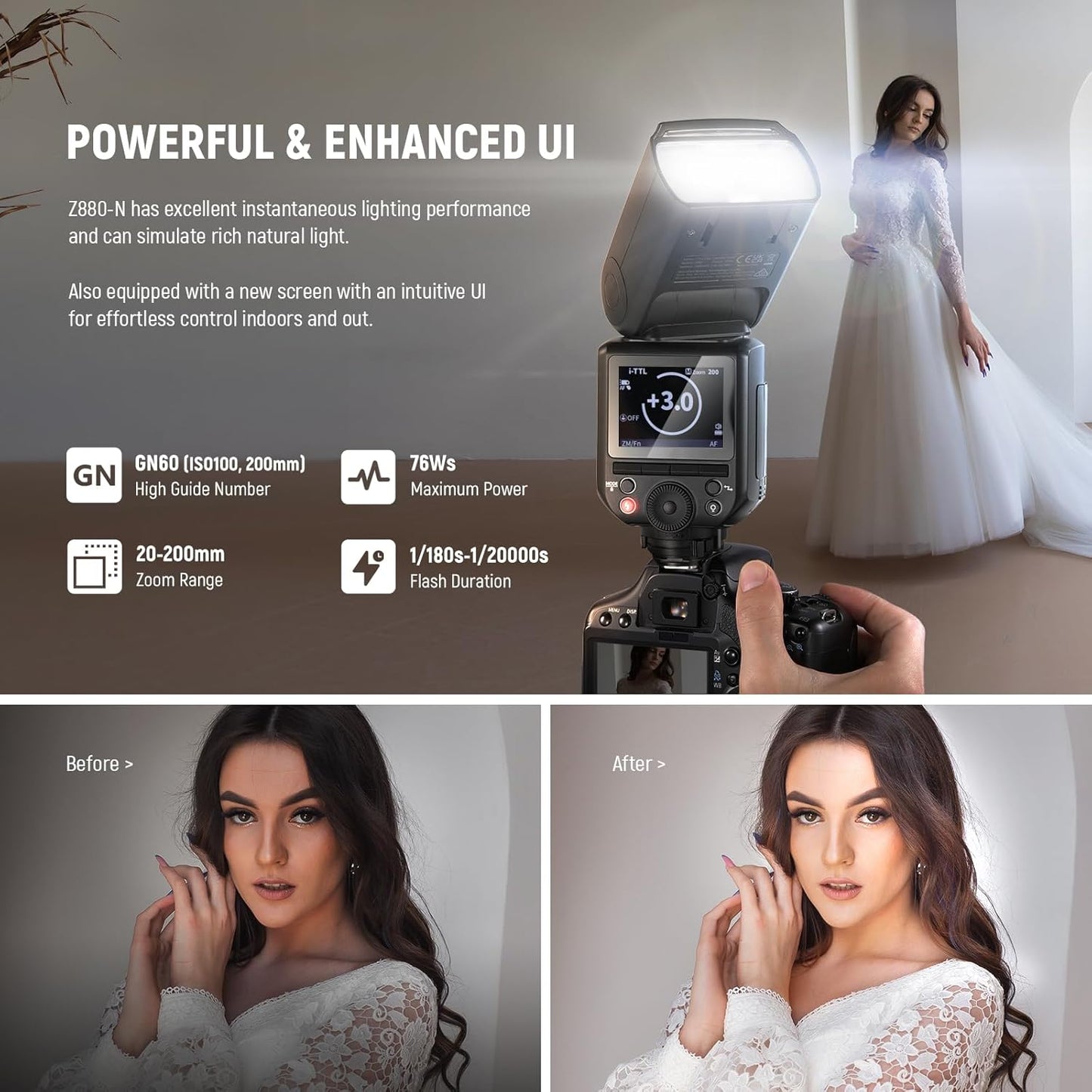 NEEWER Z880-C 2.4G 76Ws TTL Camera Flash Speedlite Compatible with Canon, Upgraded UI, Adjustable Modeling Lamp, TTL/M Quick Switch TCM Key, 1/8000s HSS 7.4V/2600mAh Battery 480 Full Power Flash