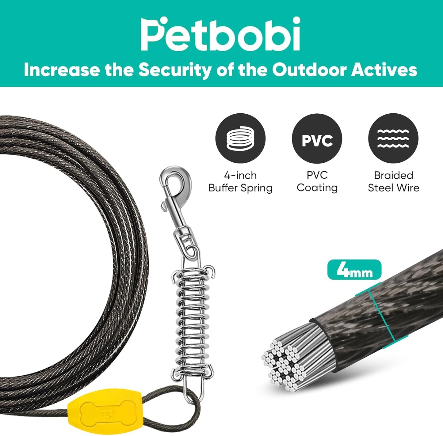 Petbobi Dog Tie-Out Cable and Stake - 30ft Heavy Duty Cable with Spring, No Tangle, 16in Ground Stake, Ideal for Yard, Camping and Beach, Suitable for Small Medium Large Dogs Up to 120 lbs, Blue