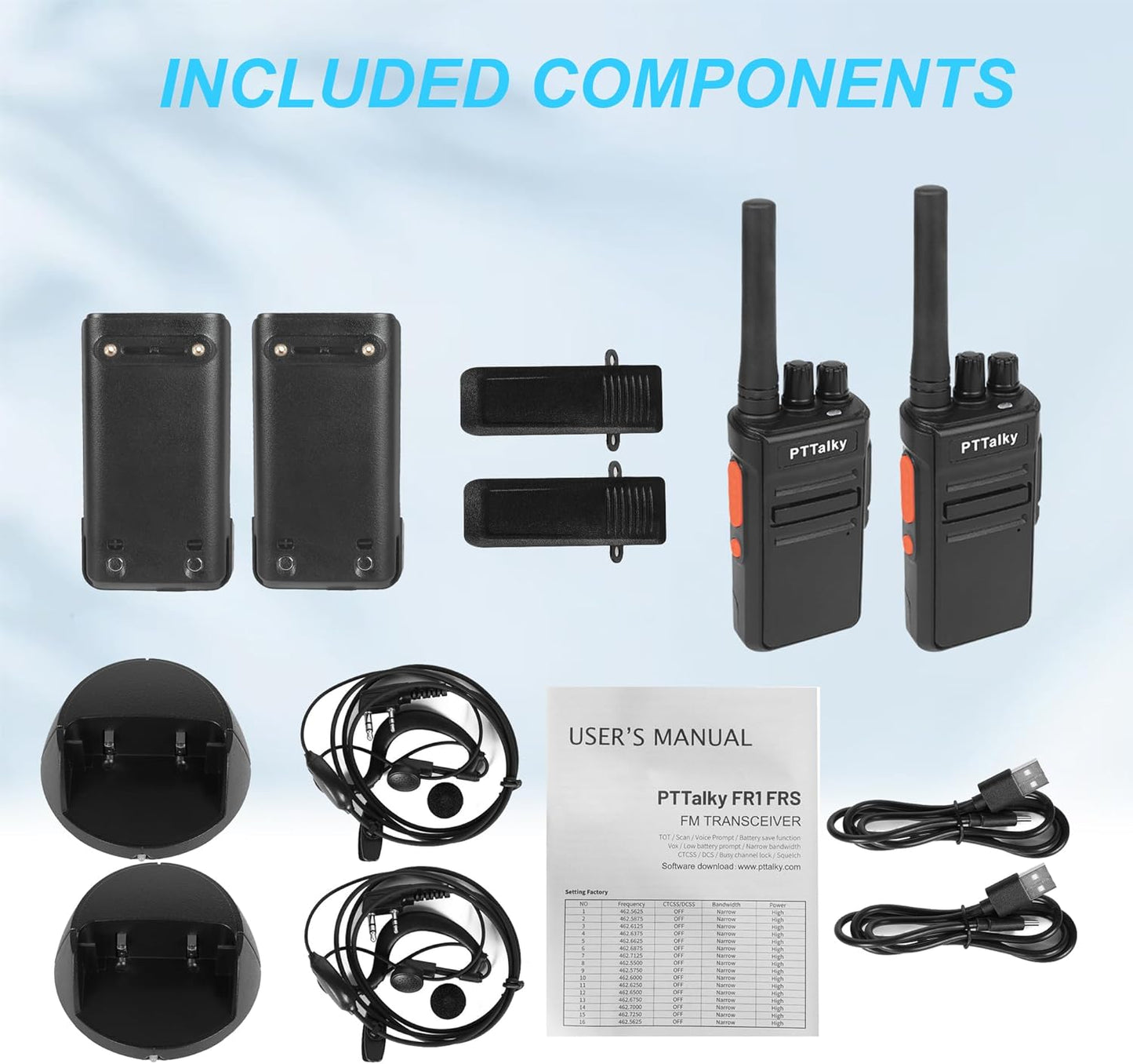 PTTalky FR1 Walkie Talkies for Adults Long Range, Rechargeable 2-Way Radio Walkie Talkie with Charge Cable Charger Dock for Hunting Commercial Cruises (2 Pack)