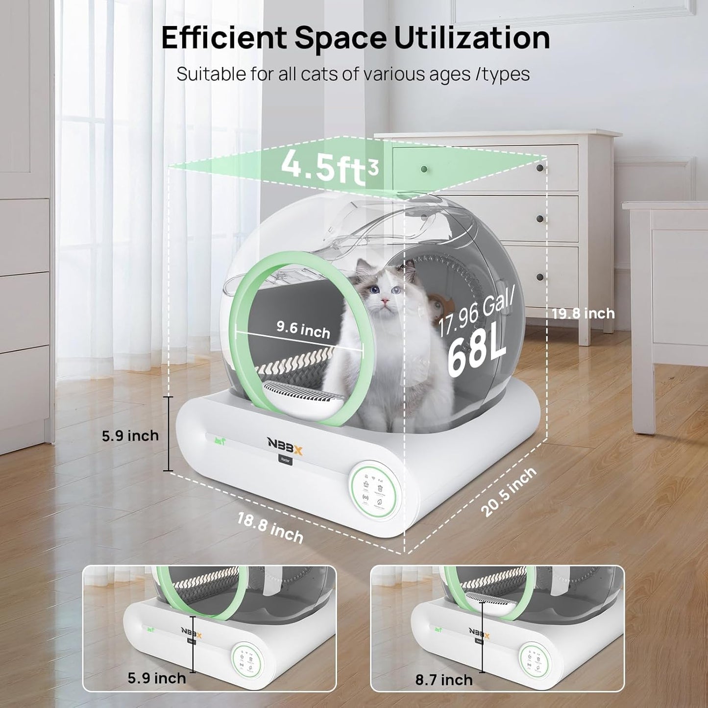 Self Cleaning Cat Litter Box – NBBX 2025 Upgraded Smart Odor-Control Robot with APP & Touch Panel | 65L Capacity, Auto Waste Removal & Deodorization | Ultra-Quiet Low Entry Box for Multiple Cats