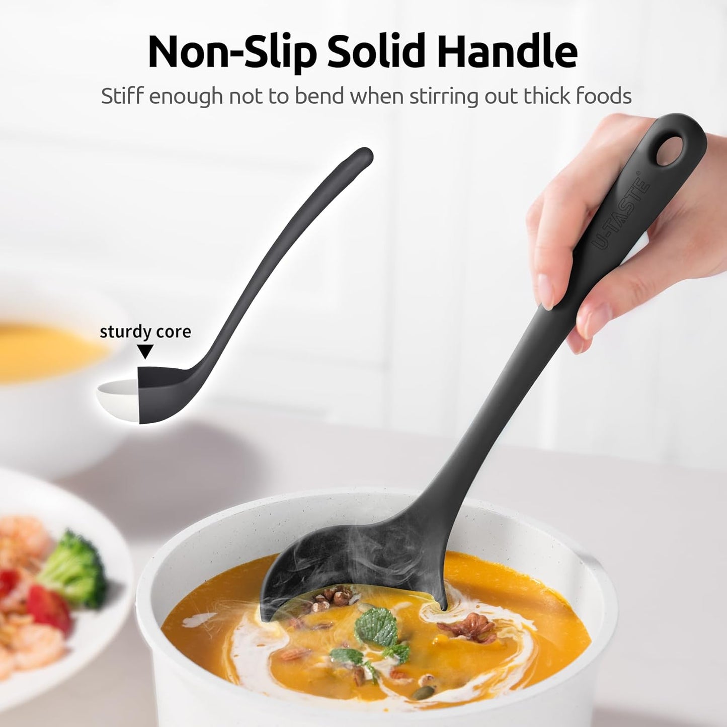 13 inch Silicone Soup Ladle: U-Taste 600ºF Heat Resistant 4 oz Large Non-Stick Seamless Rubber Kitchen Deep Serving Spoon with Non-Slip Solid Long Handle for Cooking Sauce/Stews/Gravies/Chili(Purple)
