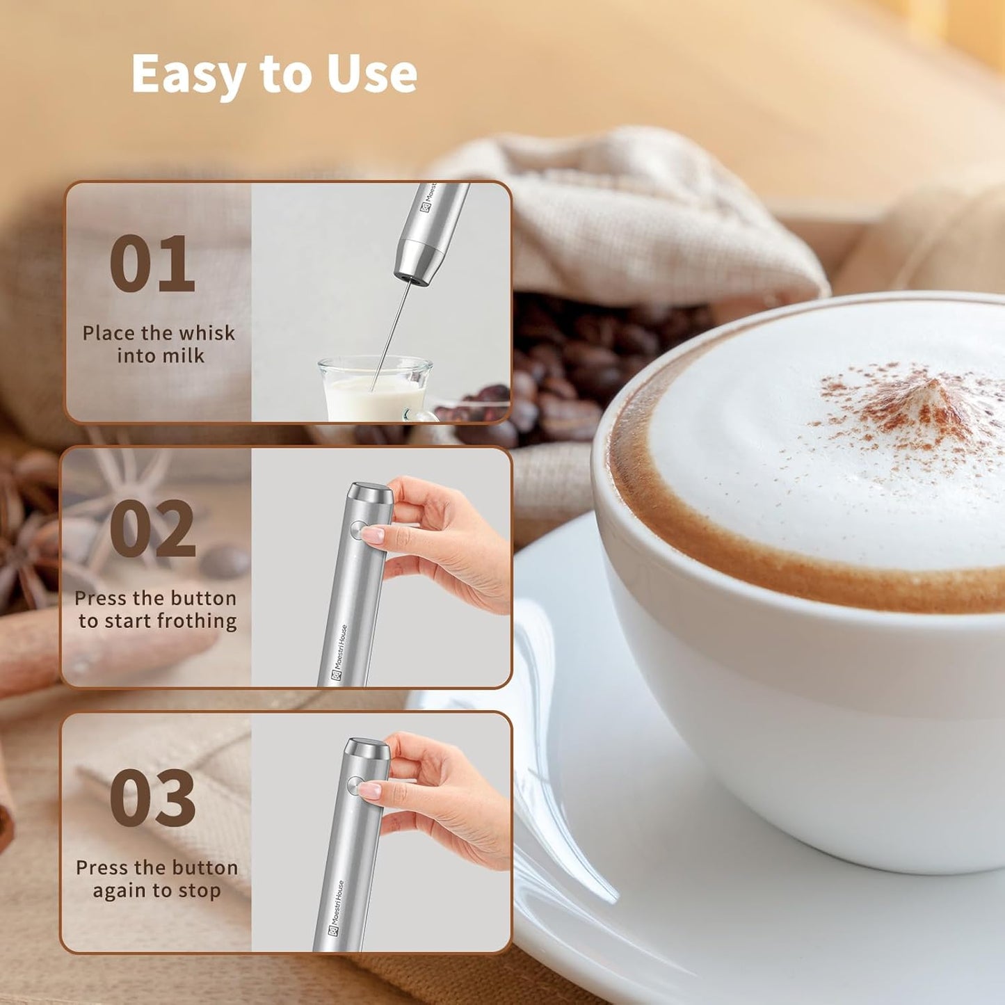 Maestri House Rechargeable Milk Frother, Handheld Electric Foam Maker Waterproof Detachable Stainless Steel Whisk Drink Mixer Foamer with Stand,LunaFro