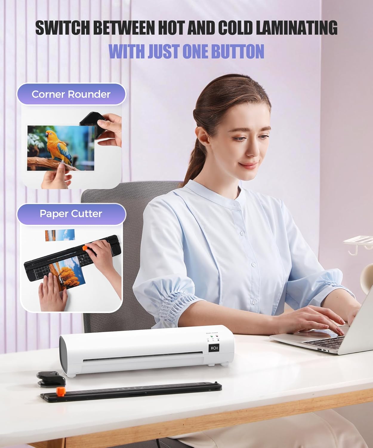 9 Inch Laminator Machine with Never Jam Technology, 40 Laminating Sheets, 4-in-1 A4 Thermal Laminator with Trimmer and Corner Rounder for Office, School, Business and Home Use - White
