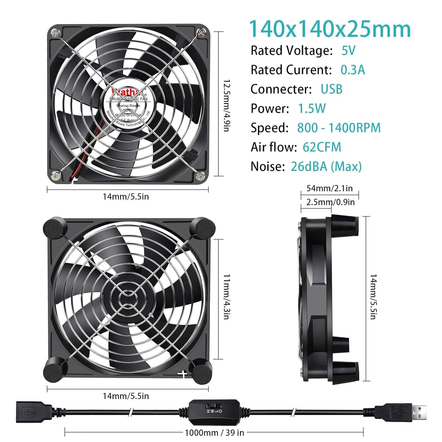 Wathai High Airflow Router Cooling Fan for Computer Cooler TV Small Box DC 5V USB Power 120mm 240mm Fan with Multi Speed Controller