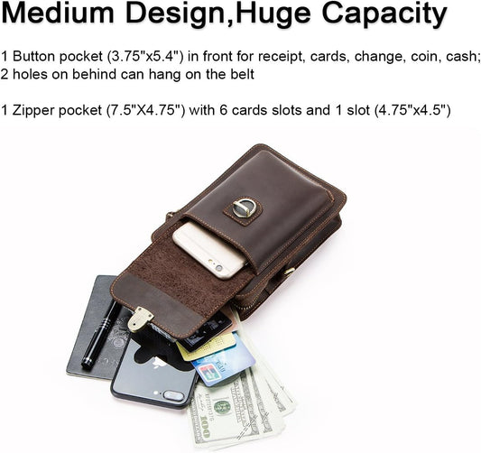 Contacts Men Waist Pack Small Shoulder Bag Pouch Purse Genuine Leather Vintage Travel Cell Phone Bag with Card Holder - PuriLite