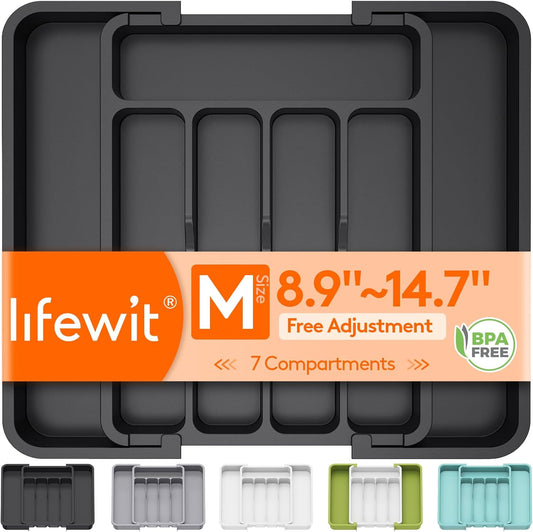 Lifewit Cutlery Organizer, Expandable Utensil Organizer for Kitchen, Utensil Holder, Adjustable Cutlery Rack Organizer for Spoons, Knives, Kitchen Organizers and Storage, Black - PuriLite