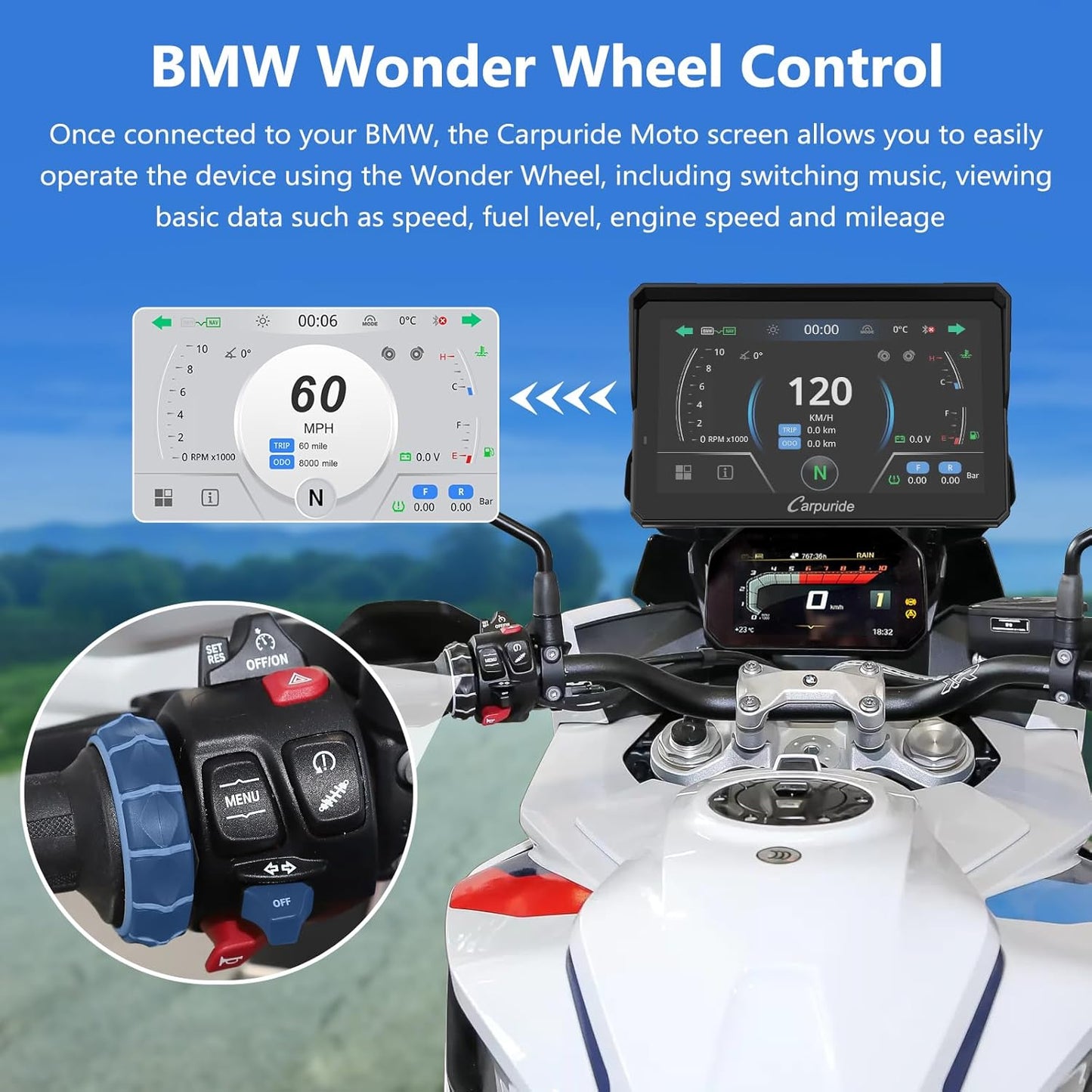 2025 CARPURIDE W702BS PRO for BMW Motorcycle CarPlay & Android Auto Dual Bluetooth, 7" Waterproof GPS Navigation Screen, Data Reading,Native Wonder, TPMS, Light Sensor, Music Sharing, Intercom, 16-Pin