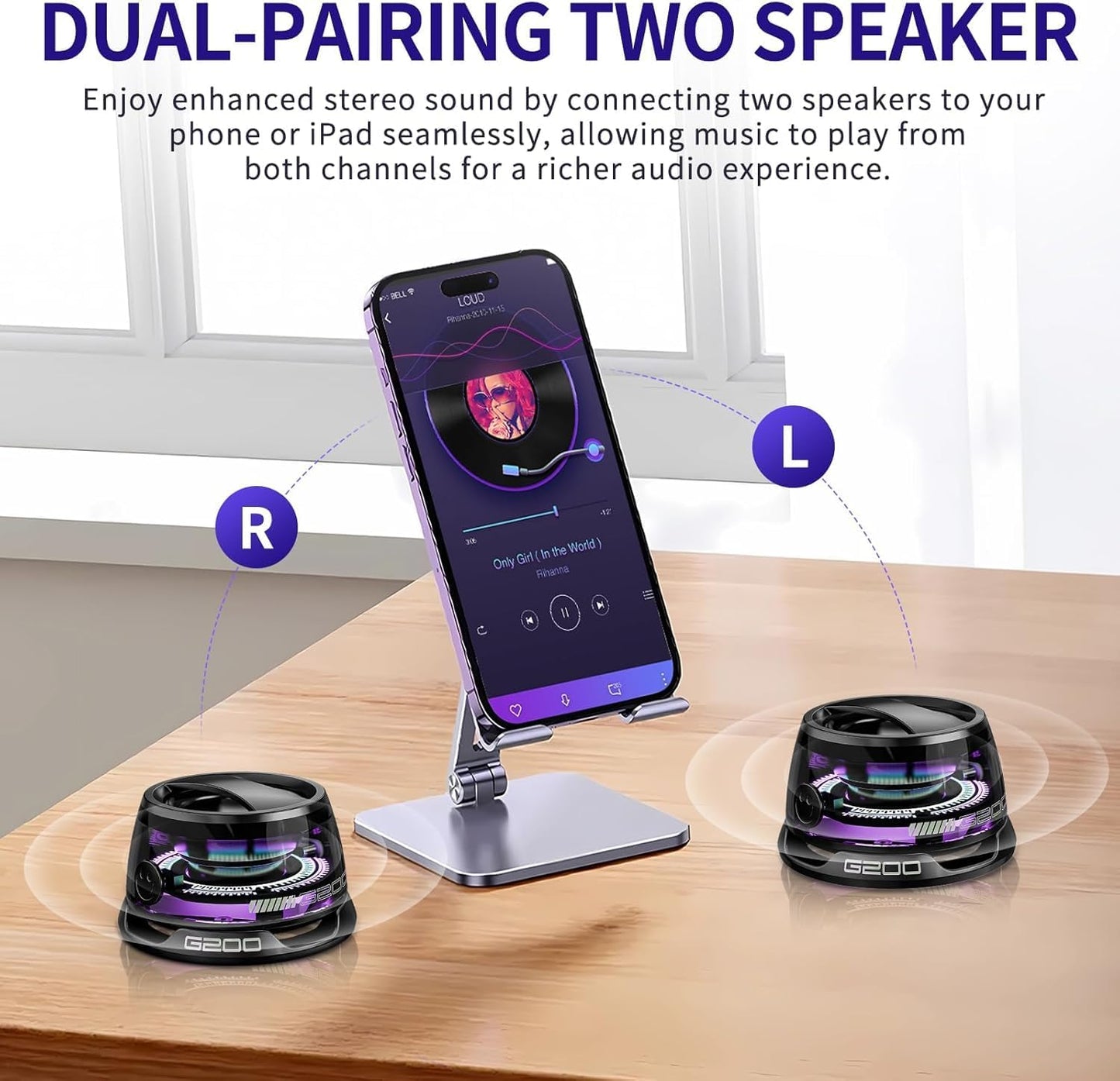 2 Pack G200 Magnetic Bluetooth Speakers with RGB Lights, Wireless Portable Dual Speakers for Stereo Sound, Bluetooth 5.3, Magnetic Mount & Phone Stand, Waterproof, for Outdoor Camping, Home, Gifts
