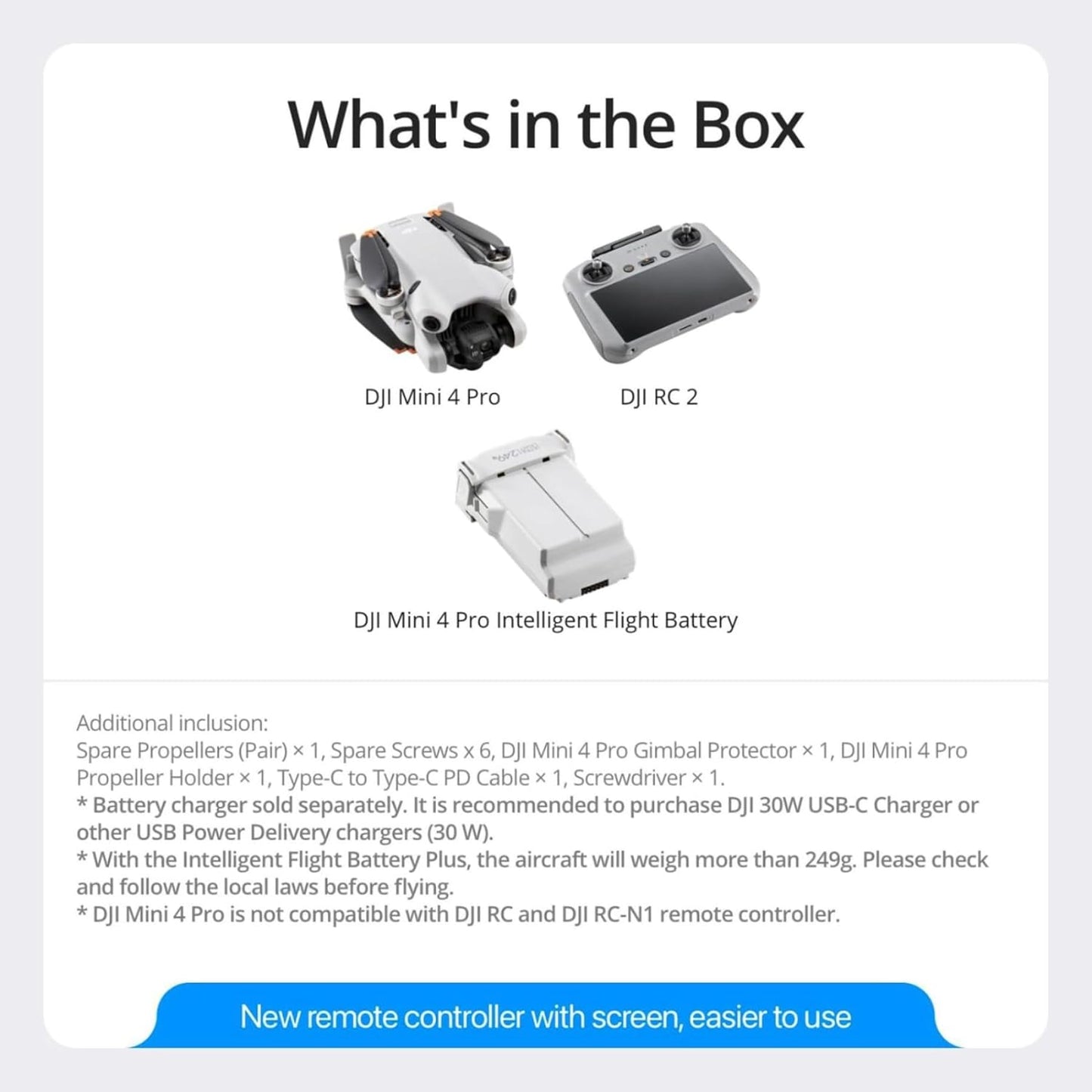 DJI Mini 4 Pro (DJI RC 2), Drones with Camera for Adults 4K, Under 0.549 lbs/249 g, 34 Mins Flight Time, 20km Max Video Transmission Distance, Omnidirectional Vision Sensing, Mini Drone for Beginners