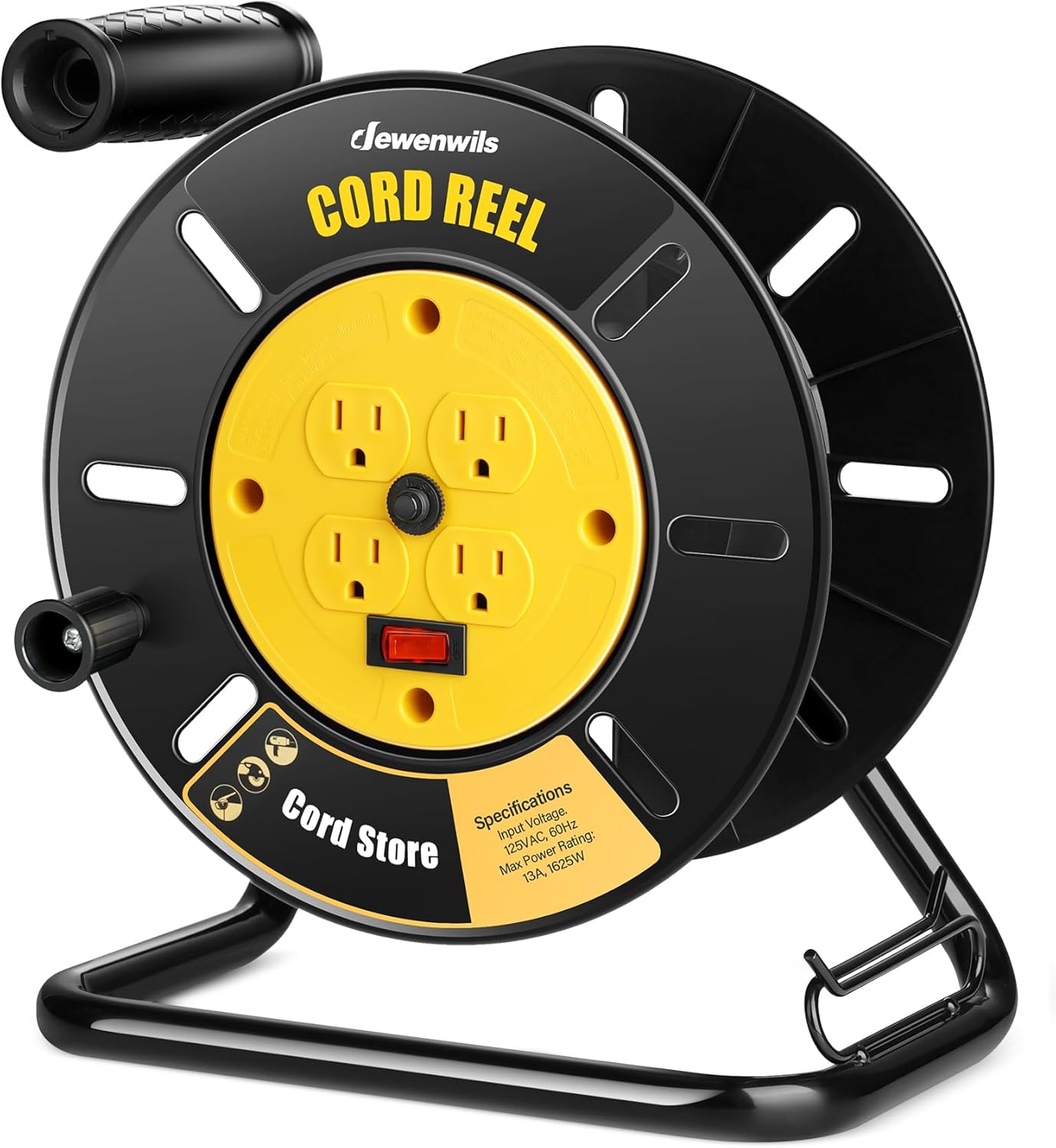 DEWENWILS Extension Cord Storage Reel with 4-Grounded Outlets, Heavy Duty Open Cord Reel for 12/3,14/3,16/3 Gauge Power Cord, Hand Wind Retractable, 10A Circuit Breaker, Rocker Power Switch