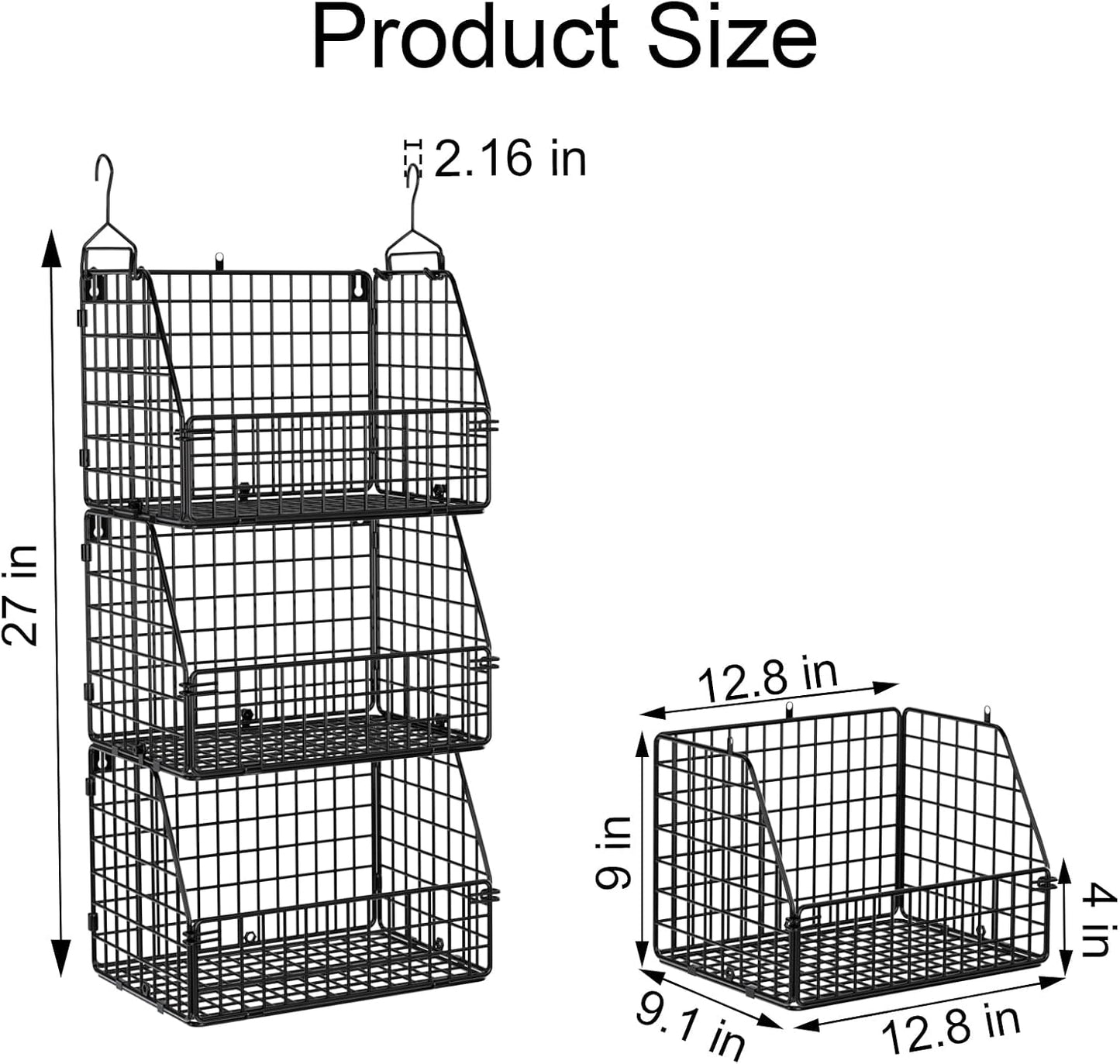 PUPPYCUTE Stackable Wire Baskets for Kitchen Closet Pantry Storage, Hanging Closet Organizers Storage Shelves Organization, Wall Mount Metal Basket Bins, Clothing Vegetable & Fruit Organizer 3 PCS
