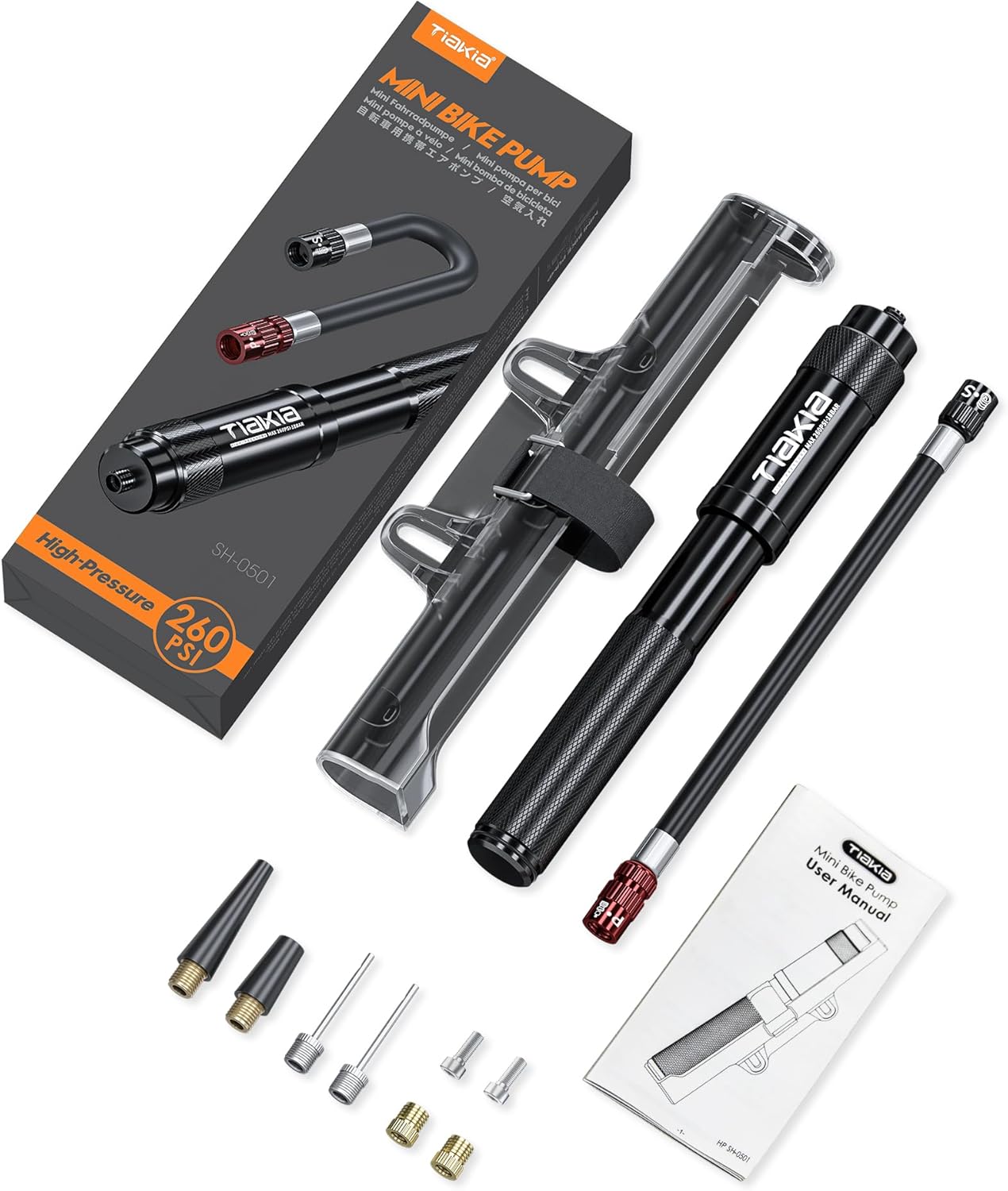 Tiakia Mini Bike Pump Portable Bicycle Pump Compact High Pressure Frame Pump 260PSI- Air Hand Pump Fit Presta, Schrader & Woods Valves,Aluminum Alloy Durable Tire Pump for Road/Mountain/BMX Bikes