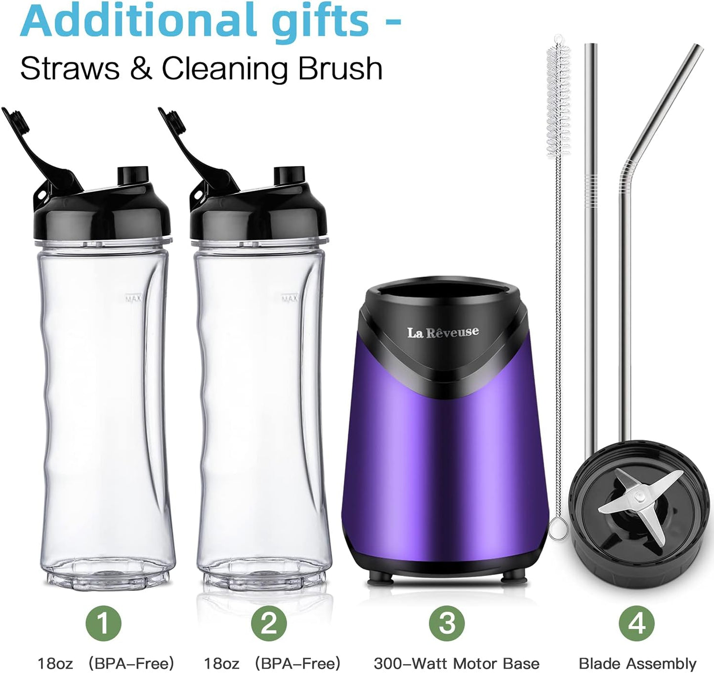 La Reveuse Smoothies Blender Personal Size 300 Watts with 2 Pieces 18 oz BPA Free Portable Travel Sports Bottles (Silver 2 Cups)