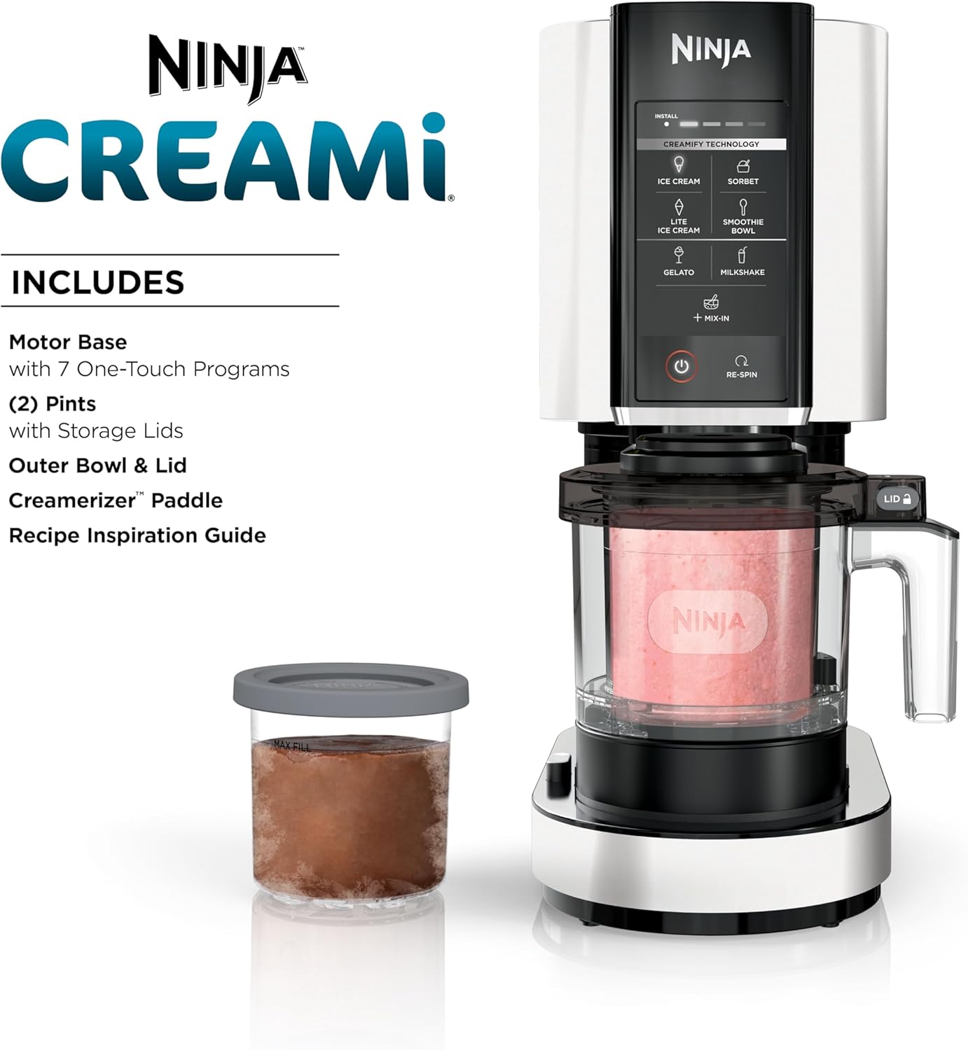 Ninja NC301 CREAMi Ice Cream Maker, for Gelato, Mix-ins, Milkshakes, Sorbet, Smoothie Bowls & More, 7 One-Touch Programs, with (2) Pint Containers & Lids, Compact Size, Perfect for Kids, Silver