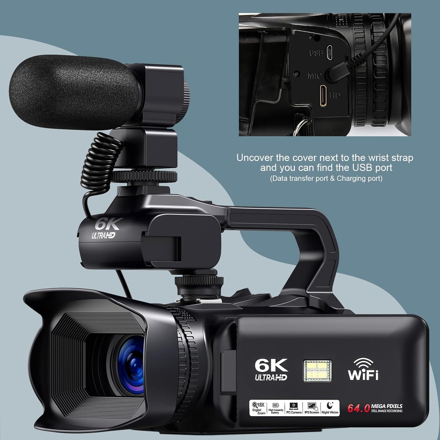 6K Camcorder Video Camera HD 64MP IR Night Vision Vlogging Camera for YouTube 18X Digital Zoom 4.0 Inch Touch Screen Video Camera with WiFi, Microphone, Stabilizer, Remote Control, 64GB SD Card