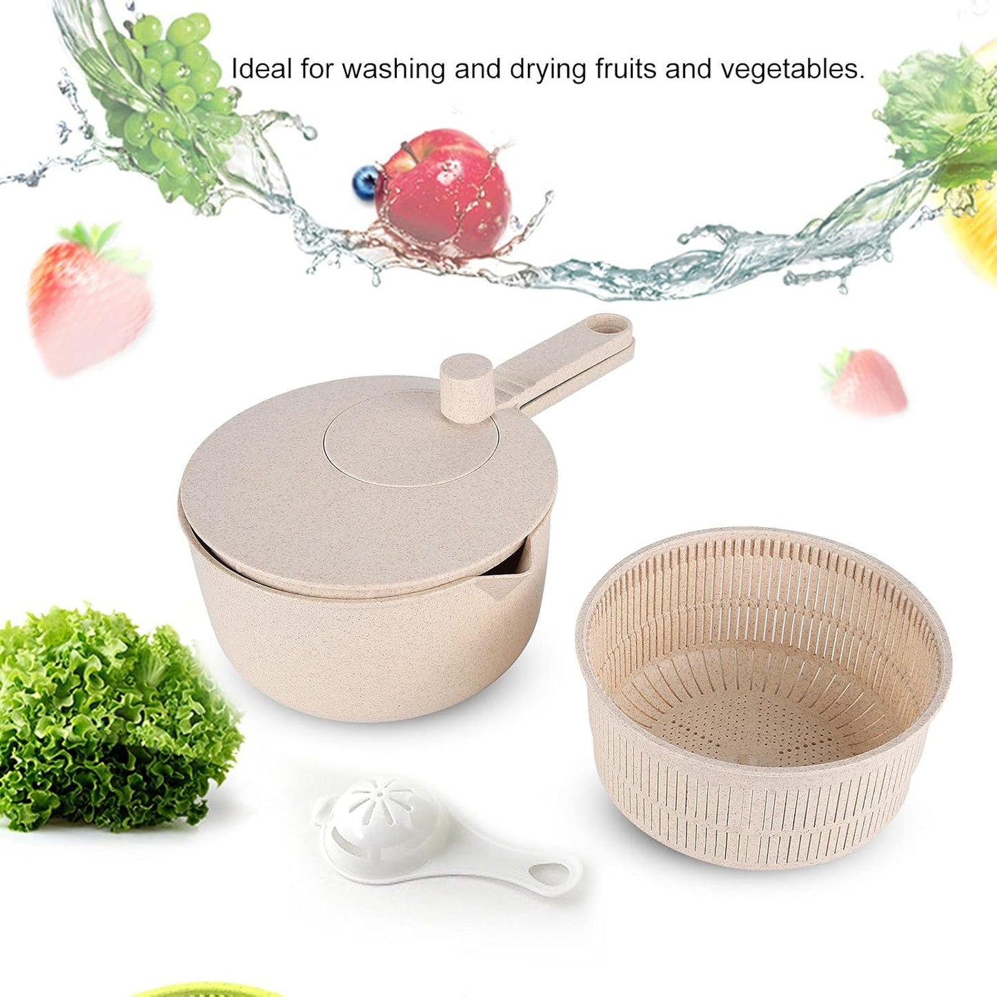 Salad Spinner, Lettuce Spinner with Bowl and Colander Manual Lettuce Dryer with Egg Strainer for Kitchen Manual Vegetables Rice Washin(Beige)