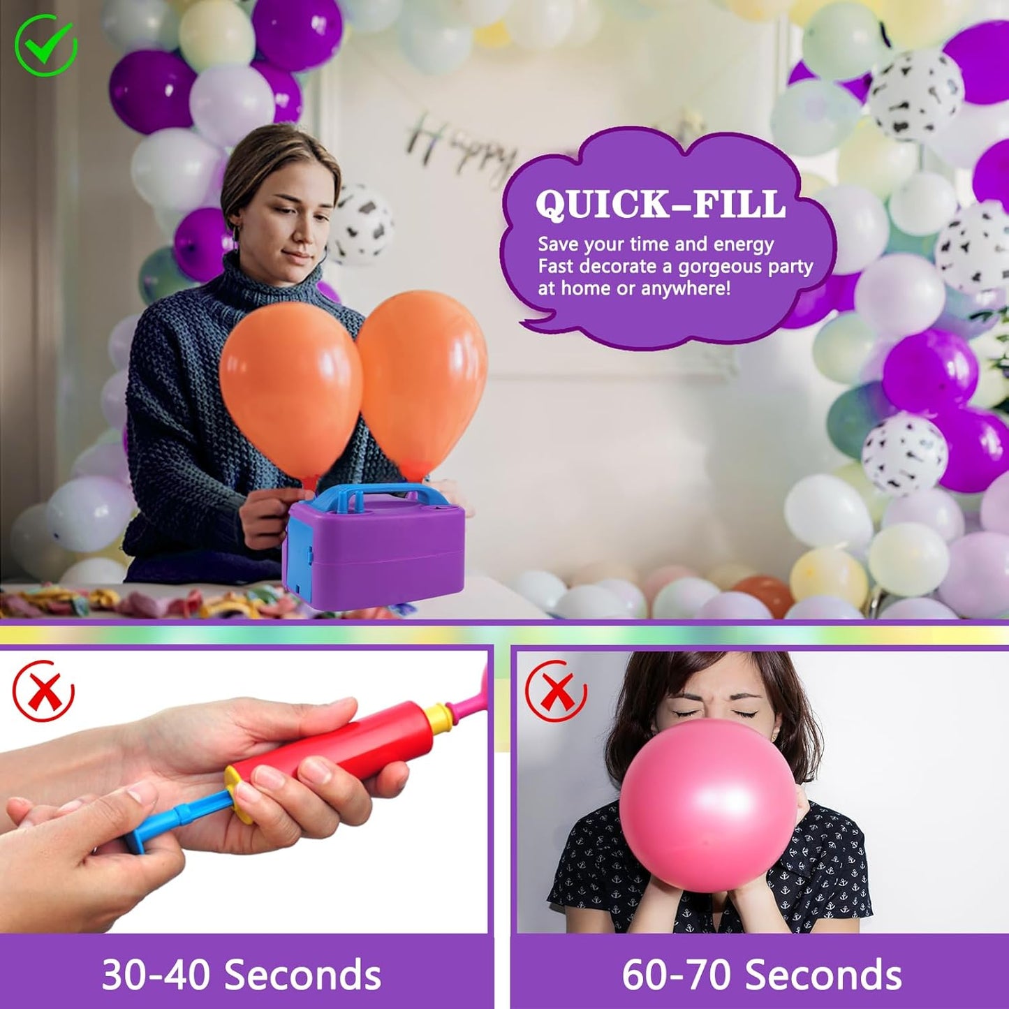 Electric Balloon Pump,Balloon Inflator, Dual Nozzle Electric Air Pump,Balloon Pump Balloons Blower 110V 600W for Party Decoration with Gifts:2 Balloon Tying Tools (Rose red)