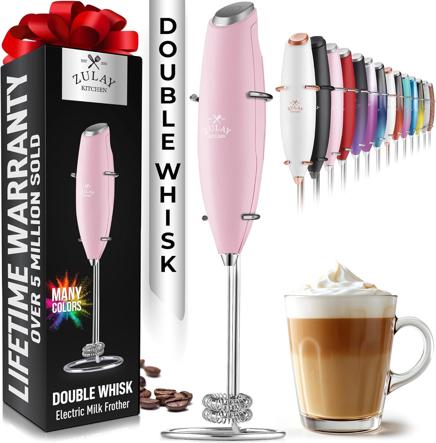Zulay Kitchen Powerful Double Whisk Milk Frother Handheld - Foam Maker with Stand - Whisk Drink Mixer for Coffee, Mini Foamer for Latte, Matcha, Frappe, Hot Chocolate & Cappuccino (Black)