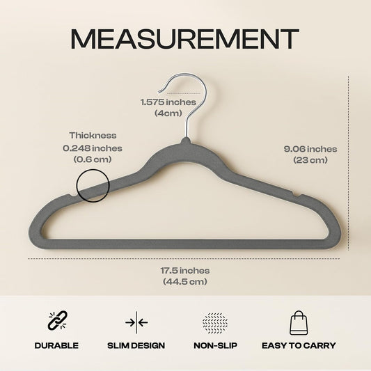 Utopia Home Velvet Hangers 50 Pack, Heavy Duty, Non-Slip, Space Saving Felt Clothes Hangers with 360° Hook & Notches (Grey)