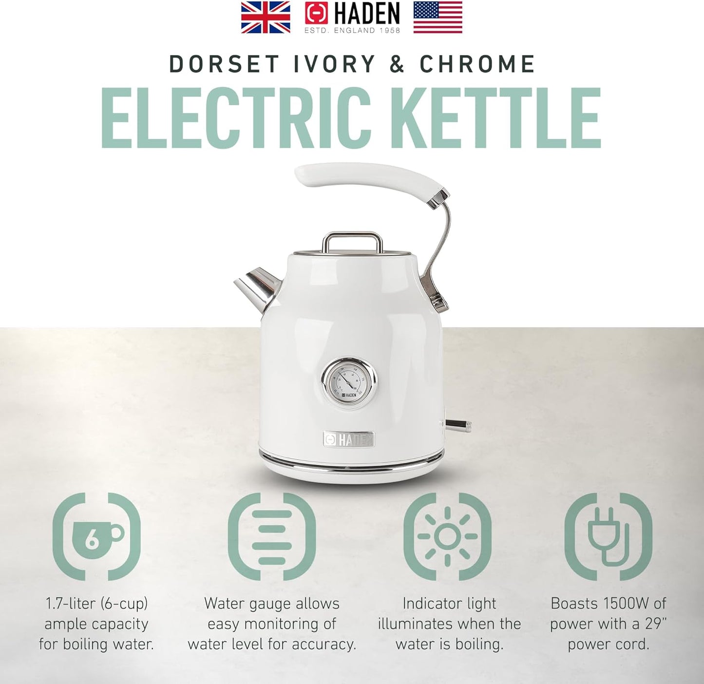 Haden Dorset 75070 Retro Stainless Steel Tea Kettle, 1500W Hot Water Kettle Electric Kettles for Boiling Water, 1.7L Black/Copper Electric Tea Kettles Automatic Shut Off, Boil-Dry Protection Tea Pots