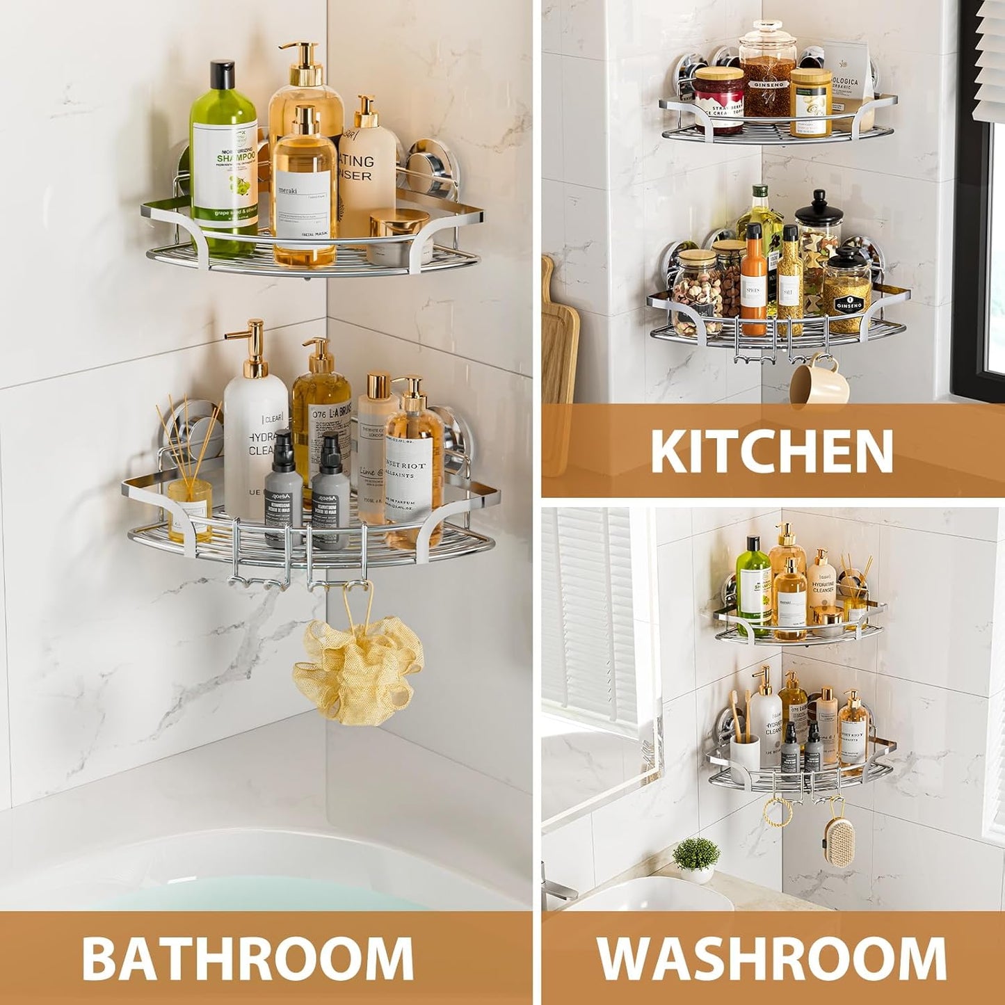 LEVERLOC Shower Caddy Suction Cup, 2 Pack Black Shower Shelf with Hooks and Soap Holder, NO-Drilling Bathroom Organizer, Rustproof Metal Bathroom Storage and Organization